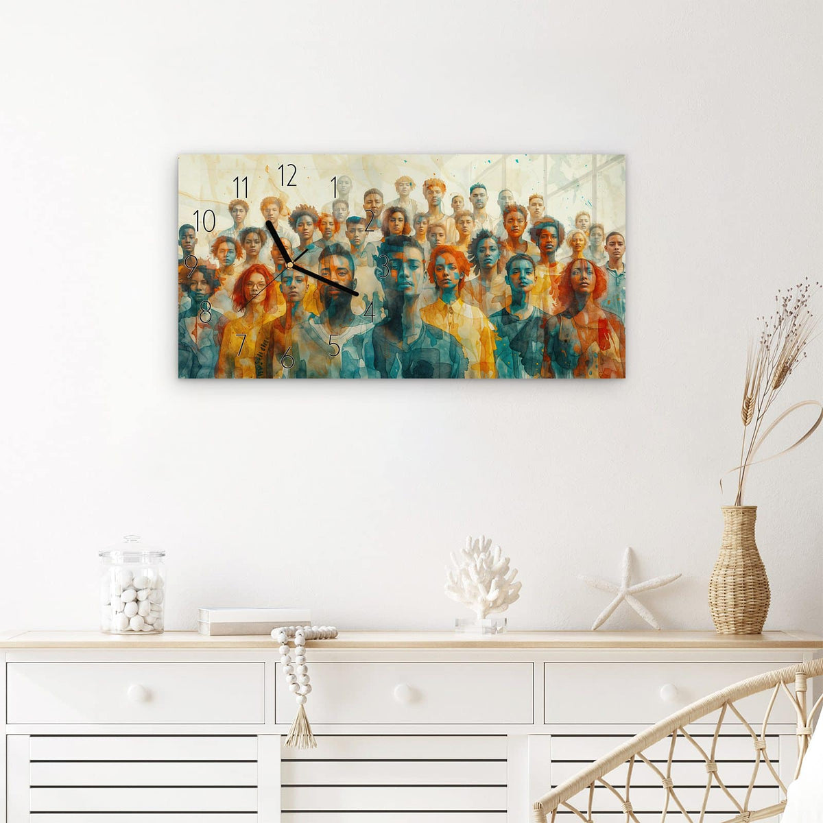 Wanduhr Gesichtervielfalt aus Glas – Querformat 60 × 30 cm – Gruppe von Menschen in Aquarelloptik