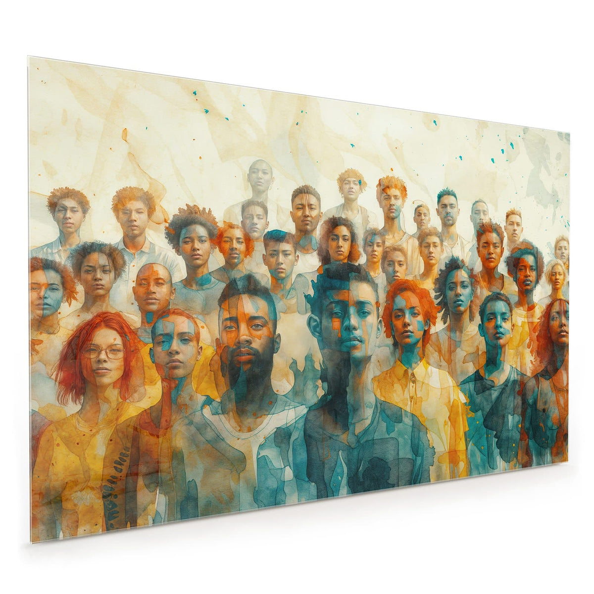 Küchenrückwand aus Glas im Hochformat: Menschenmenge aus vielen Gesichtern in lasierender Aquarelloptik, Türkis und Ocker