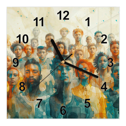 Wanduhr Quadratisch mit dem Motiv Menschen in Aquarell