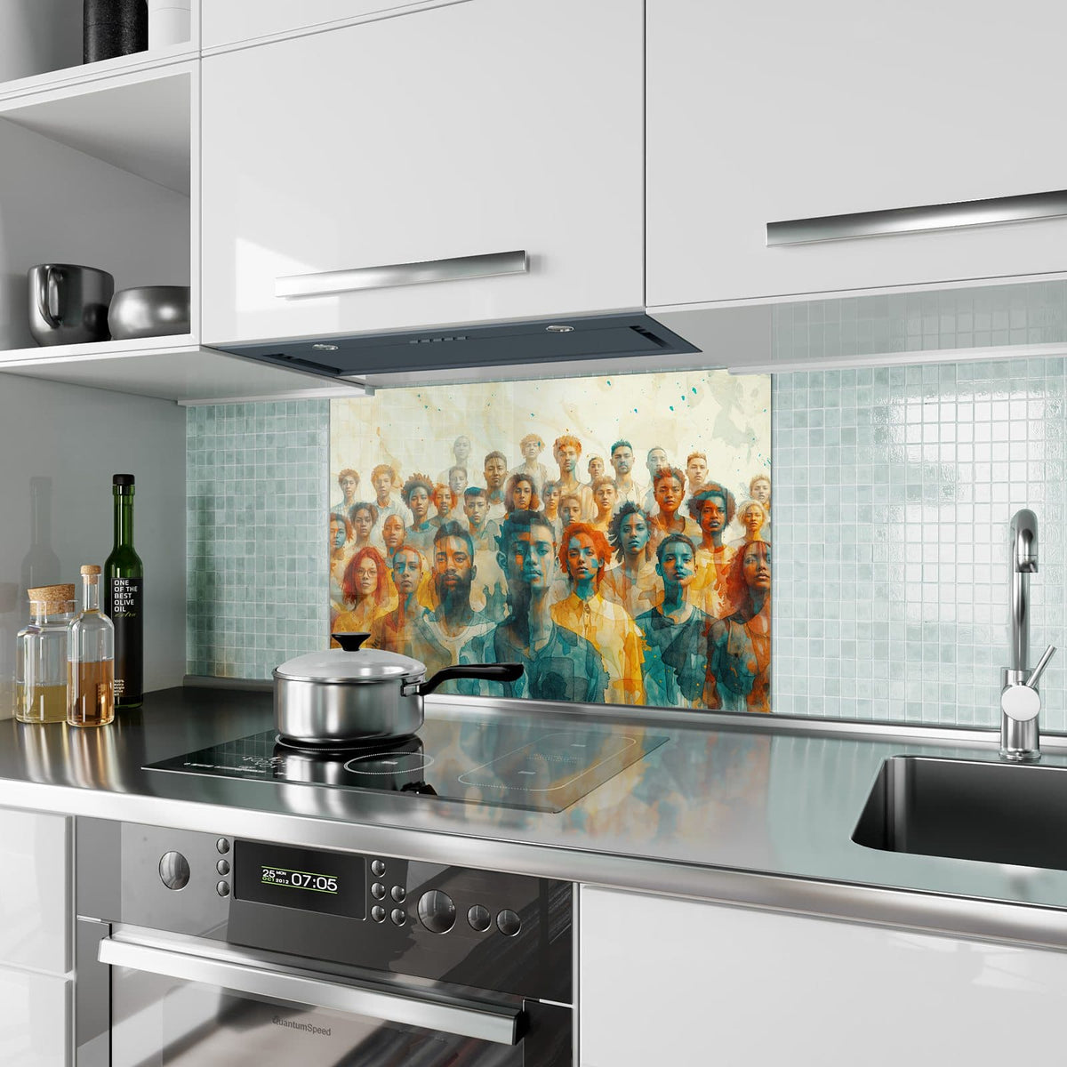 Küchenrückwand aus Glas Menschen in Aquarell im Hochformat als Spritzschutz hinter dem Kochfeld, über dem Fliesenspiegel montiert