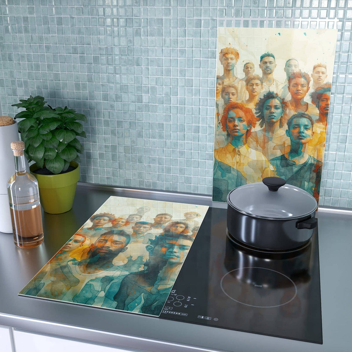 2-teilige Herdabdeckplatte aus Glas mit Gesichtervielfalt-Motiv als Spritzschutz hinter dem Kochfeld
