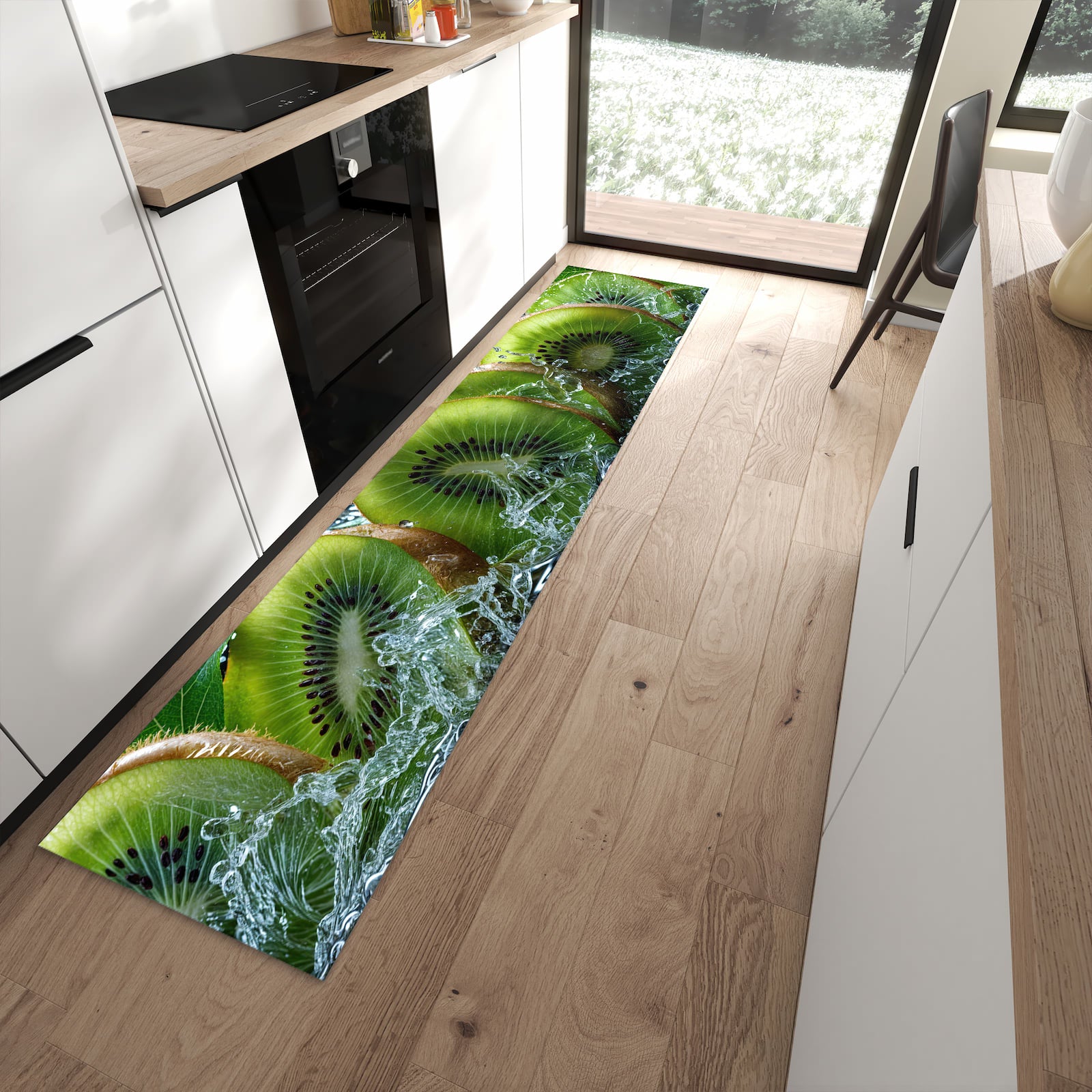 Geräuschdämpfender dünner Teppich mit Motiv Kiwi und Wasser in moderner Küche