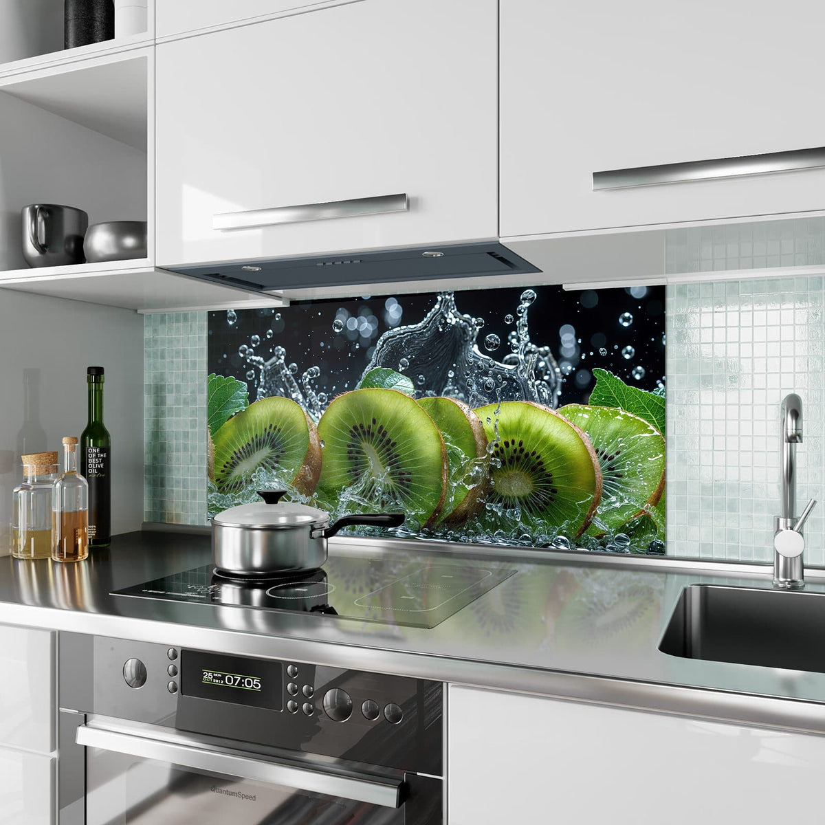 Küchenrückwand aus Glas Kiwischeiben im Spritzer im Hochformat als Spritzschutz hinter dem Kochfeld, über dem Fliesenspiegel montiert