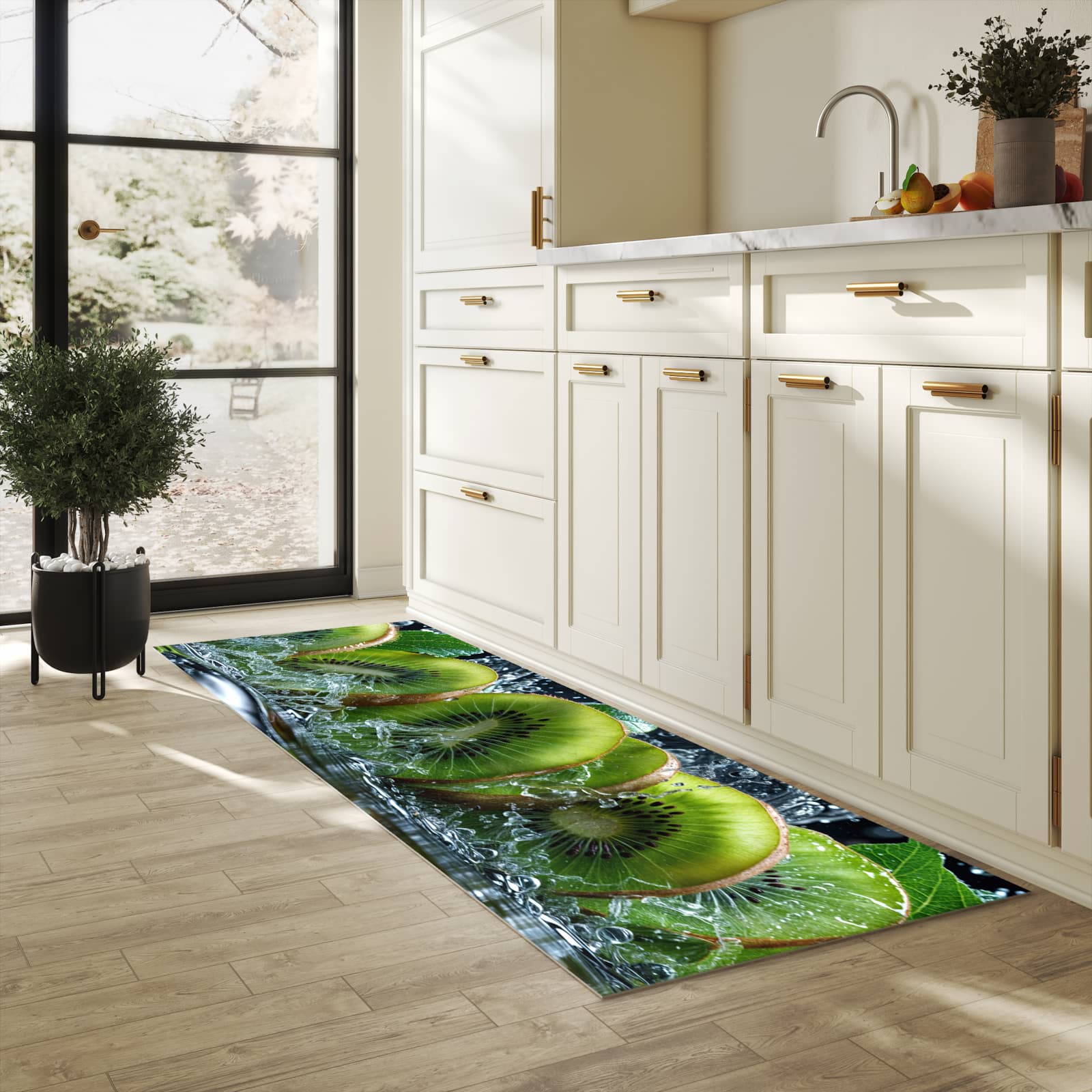 Zeitsparender Küchenläufer mit Motiv Kiwi und Wasser in heller Küche