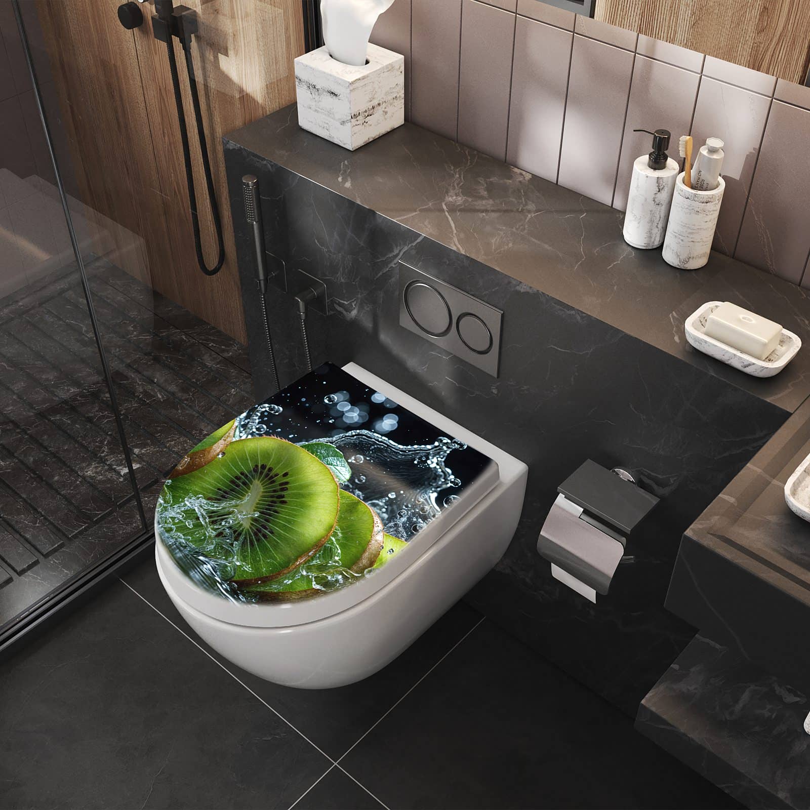 WC-Sitz mit Absenkautomatik Kiwi und Wasser