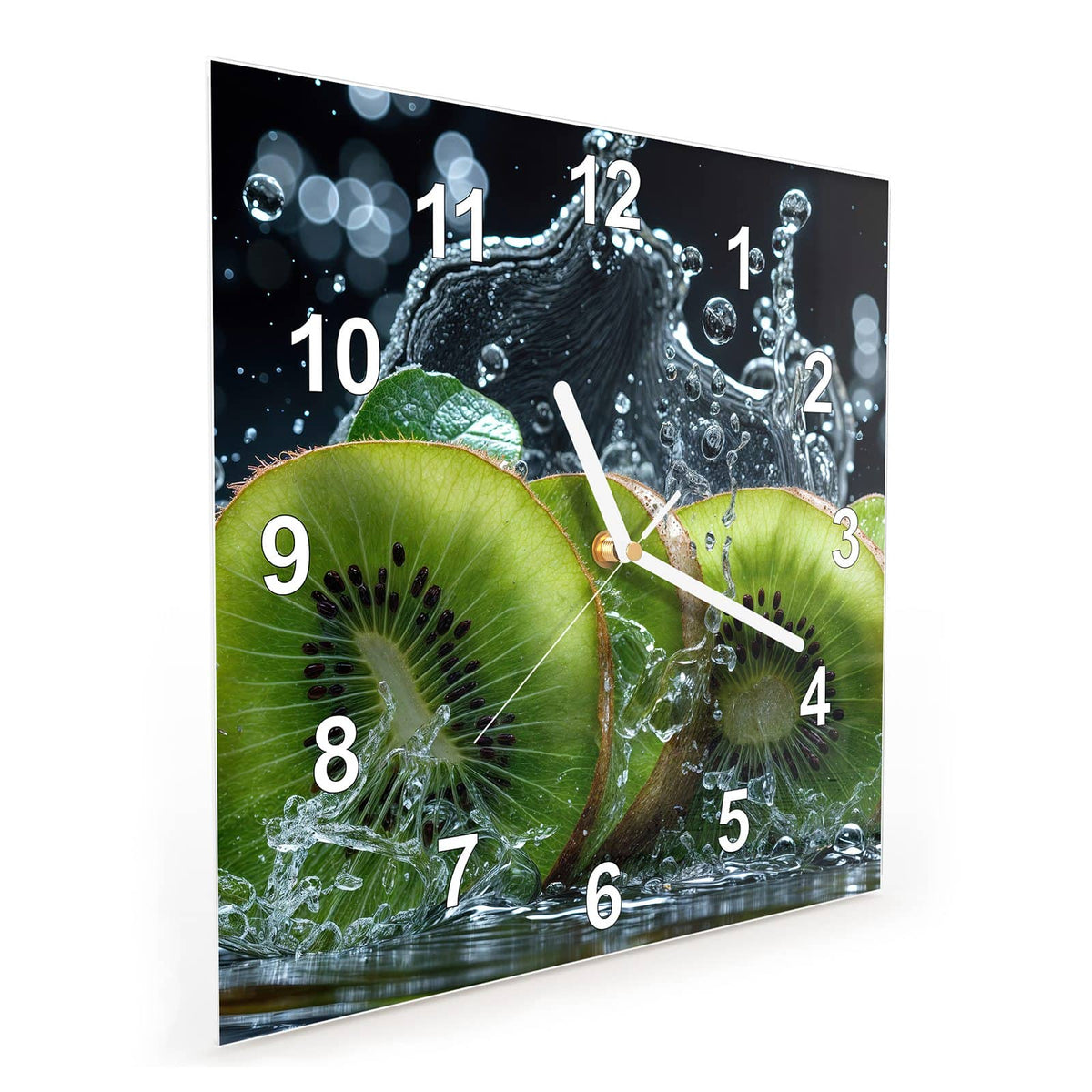Quadratische Wanduhr aus Glas Kiwischeiben im Spritzer schräg von der Seite, 4 mm starkes Glas