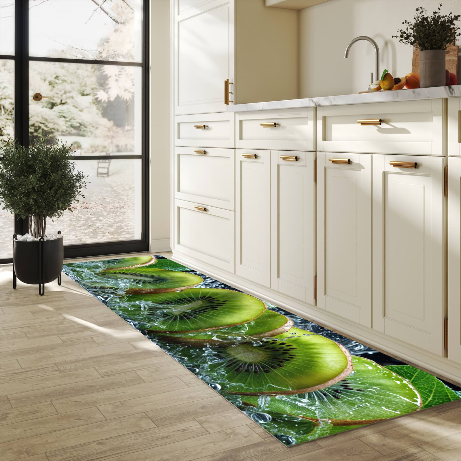 Abriebfester rutschfester Küchenläufer mit Motiv Kiwi und Wasser in heller Küche