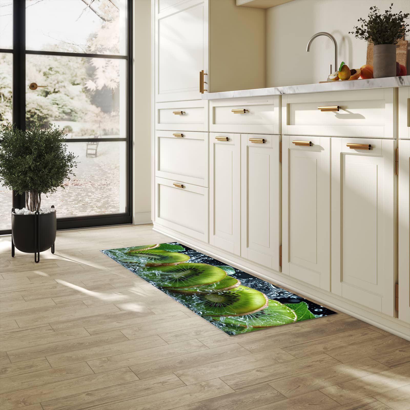 Waschbarer Küchenteppich mit Motiv Kiwi und Wasser in heller Küche schont den Boden