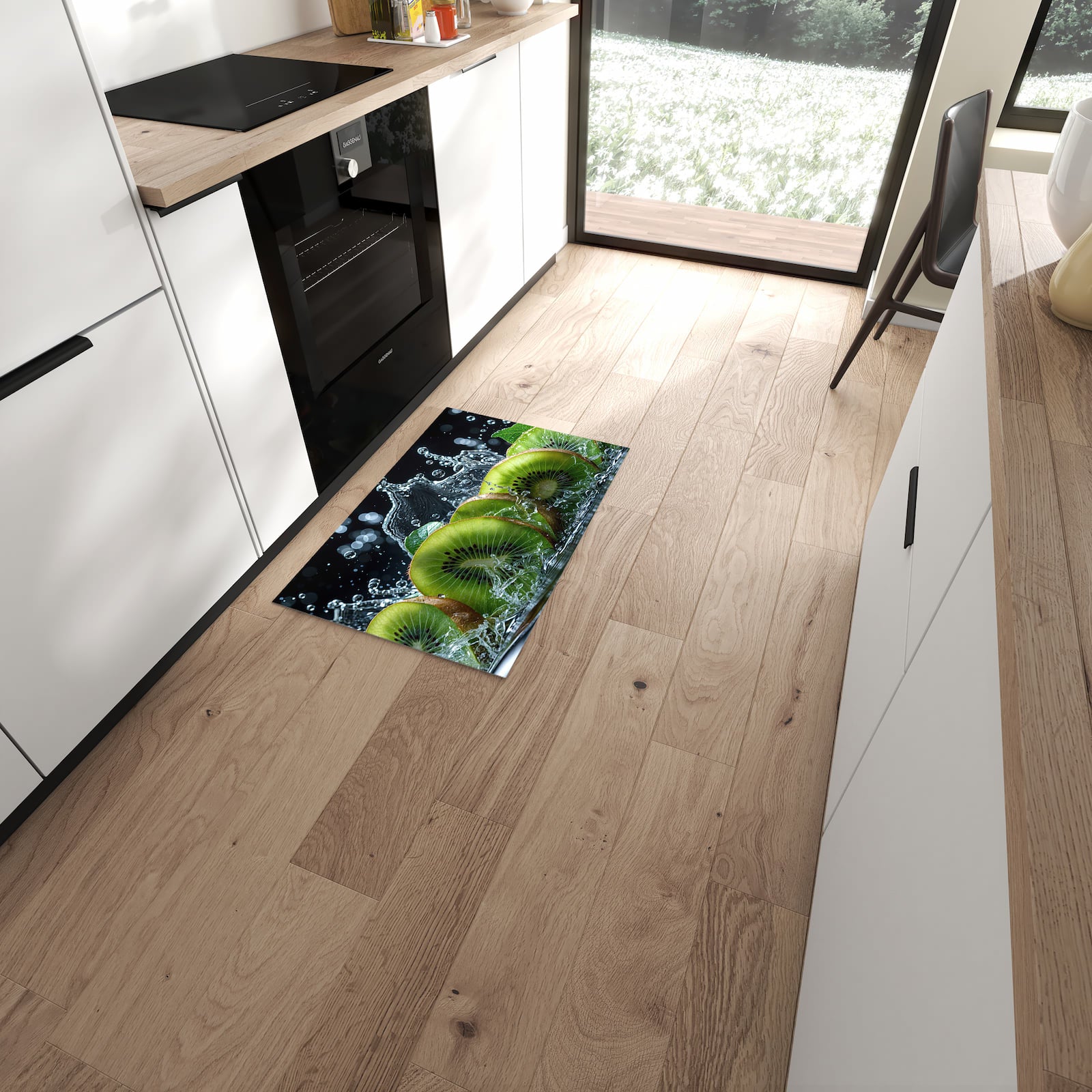 UV-beständiger waschbarer Küchenteppich mit Motiv Kiwi und Wasser in moderner Küche