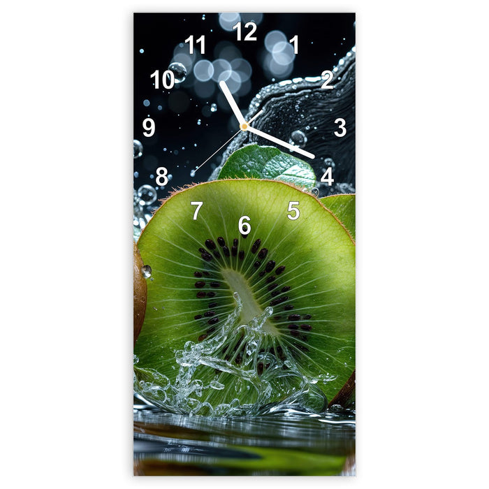 Wanduhr Kiwi und Wasser aus Glas – Hochformat 30 × 60 cm mit Ziffernblatt Modern