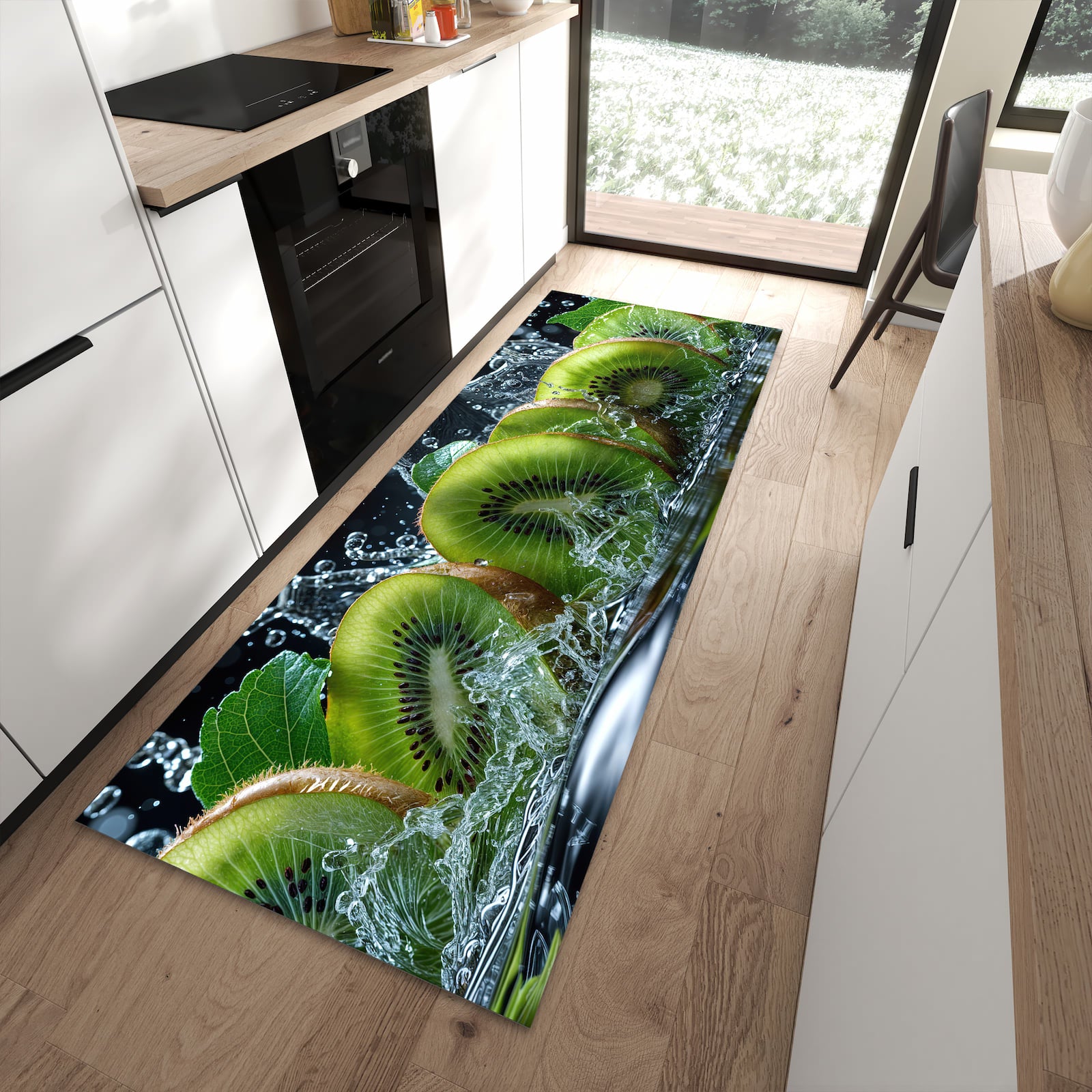 Langlebiger Küchenteppich mit Motiv Kiwi und Wasser in moderner Küche