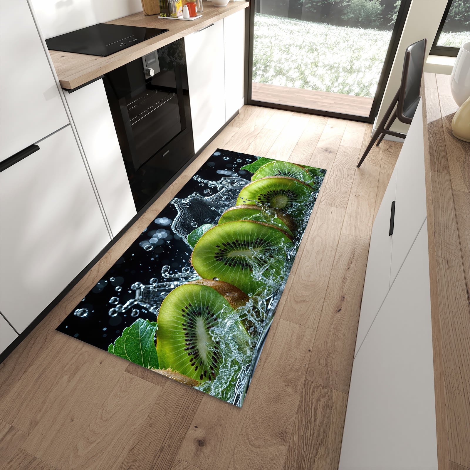 Geruchsneutraler Bodenläufer Teppich mit Motiv Kiwi und Wasser in moderner Küche