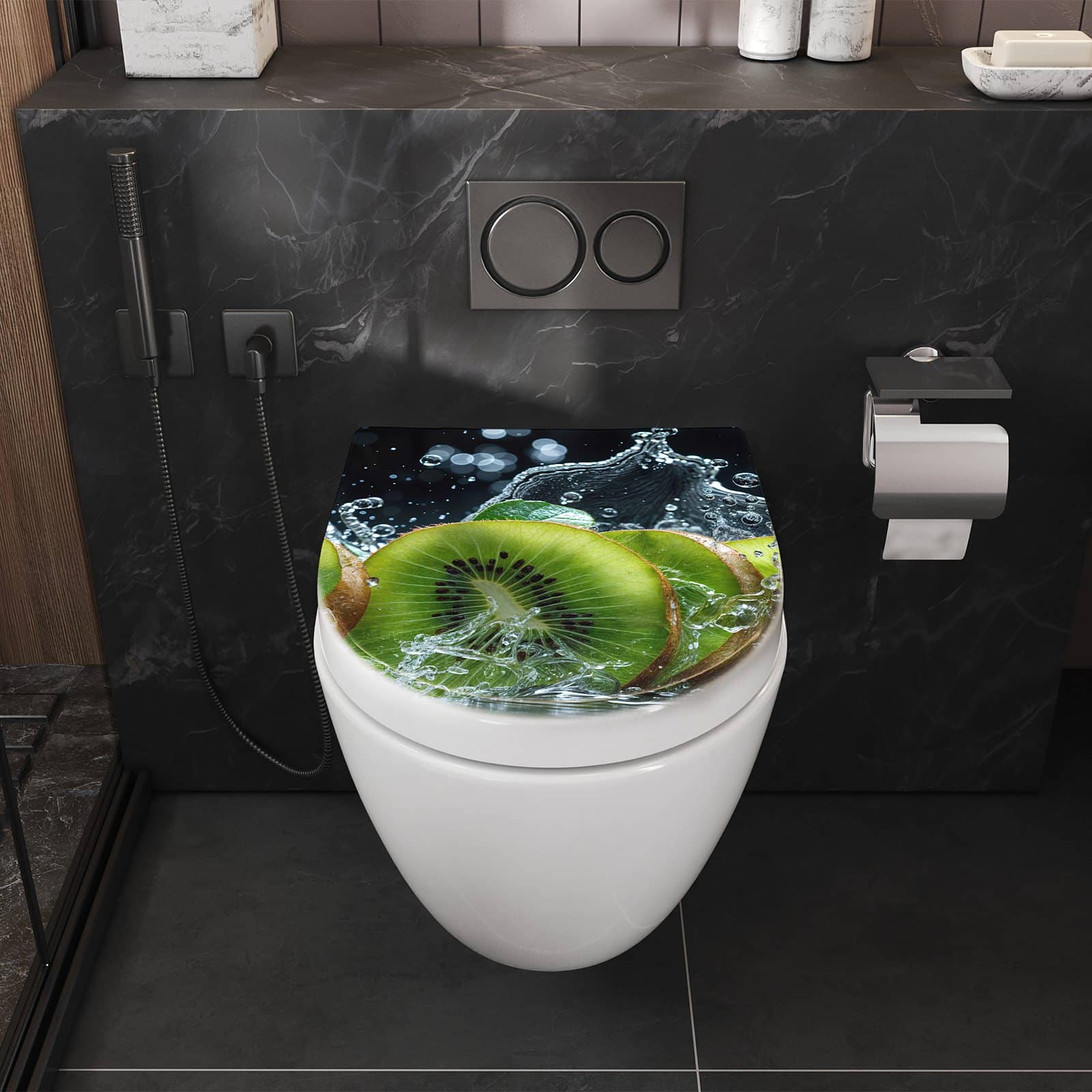 WC-Sitz mit Absenkautomatik Kiwi und Wasser