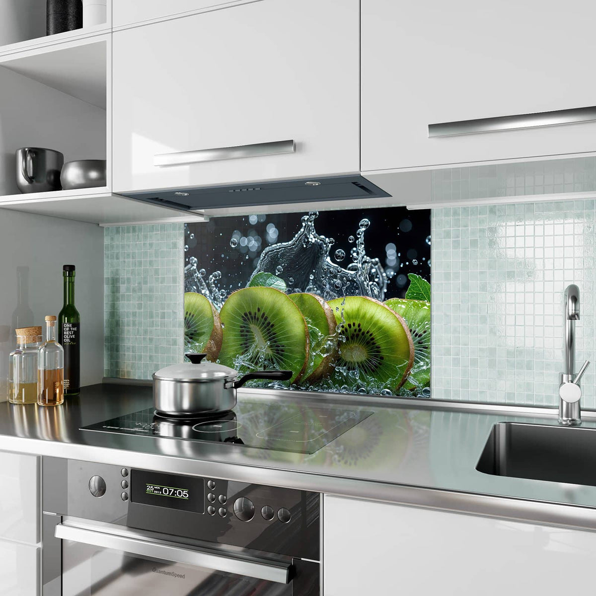 Küchenrückwand aus Glas Kiwischeiben im Spritzer im Hochformat als Spritzschutz hinter dem Kochfeld, über dem Fliesenspiegel montiert