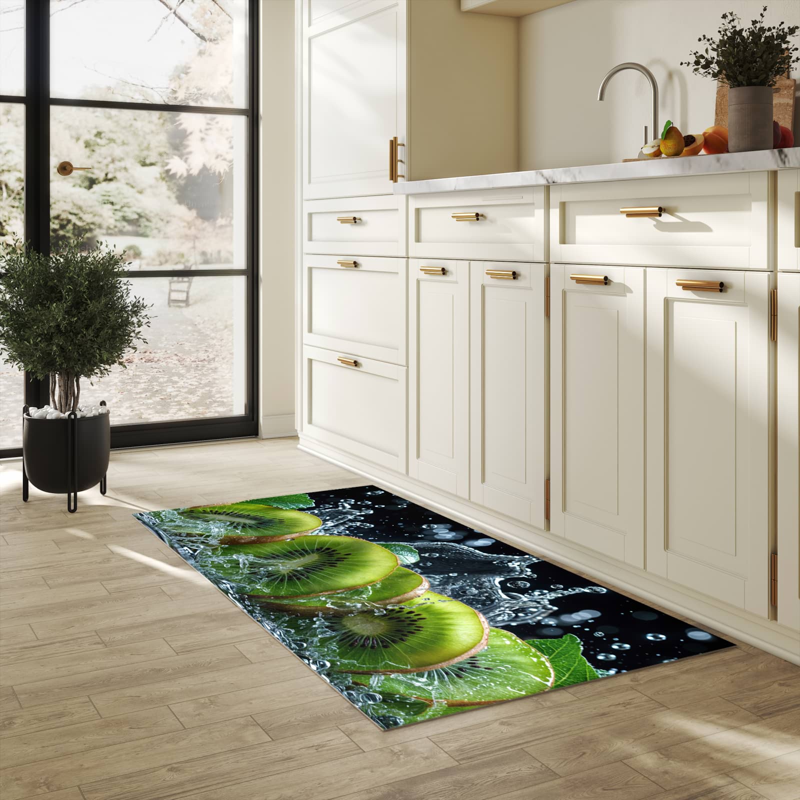 UV-beständiger rutschfester Küchenläufer mit Motiv Kiwi und Wasser in heller Küche