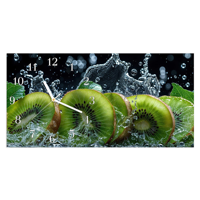 Wanduhr Kiwi und Wasser aus Glas – Querformat 60 × 30 cm mit Ziffernblatt Klassisch