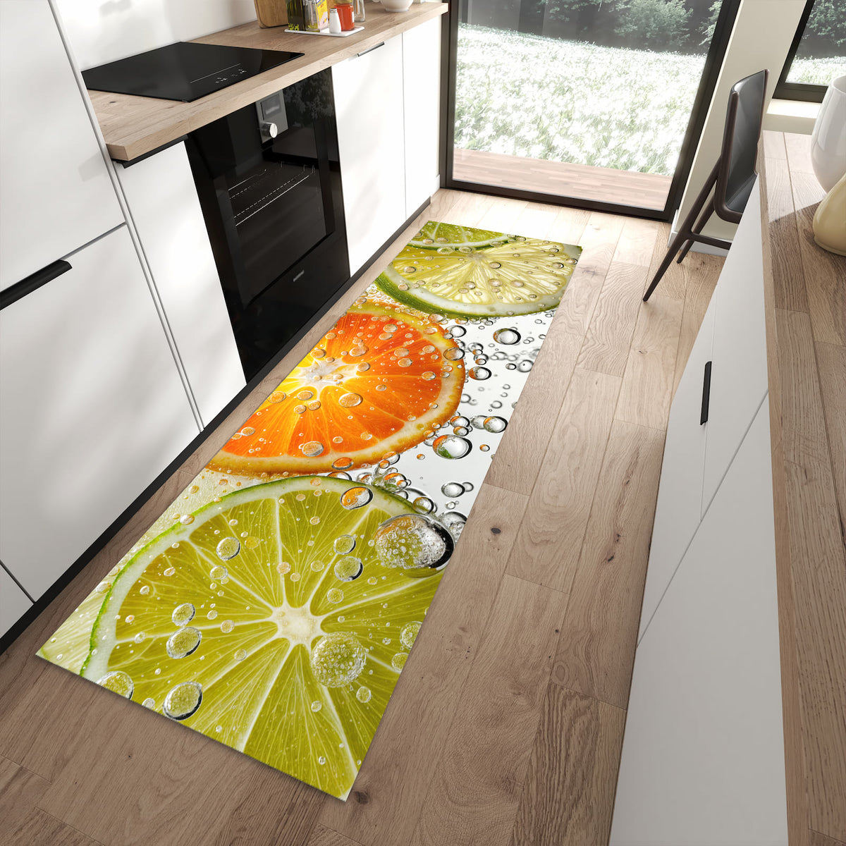 Rutschfester waschbarer Küchenteppich mit Motiv Frucht Spritzer in moderner Küche