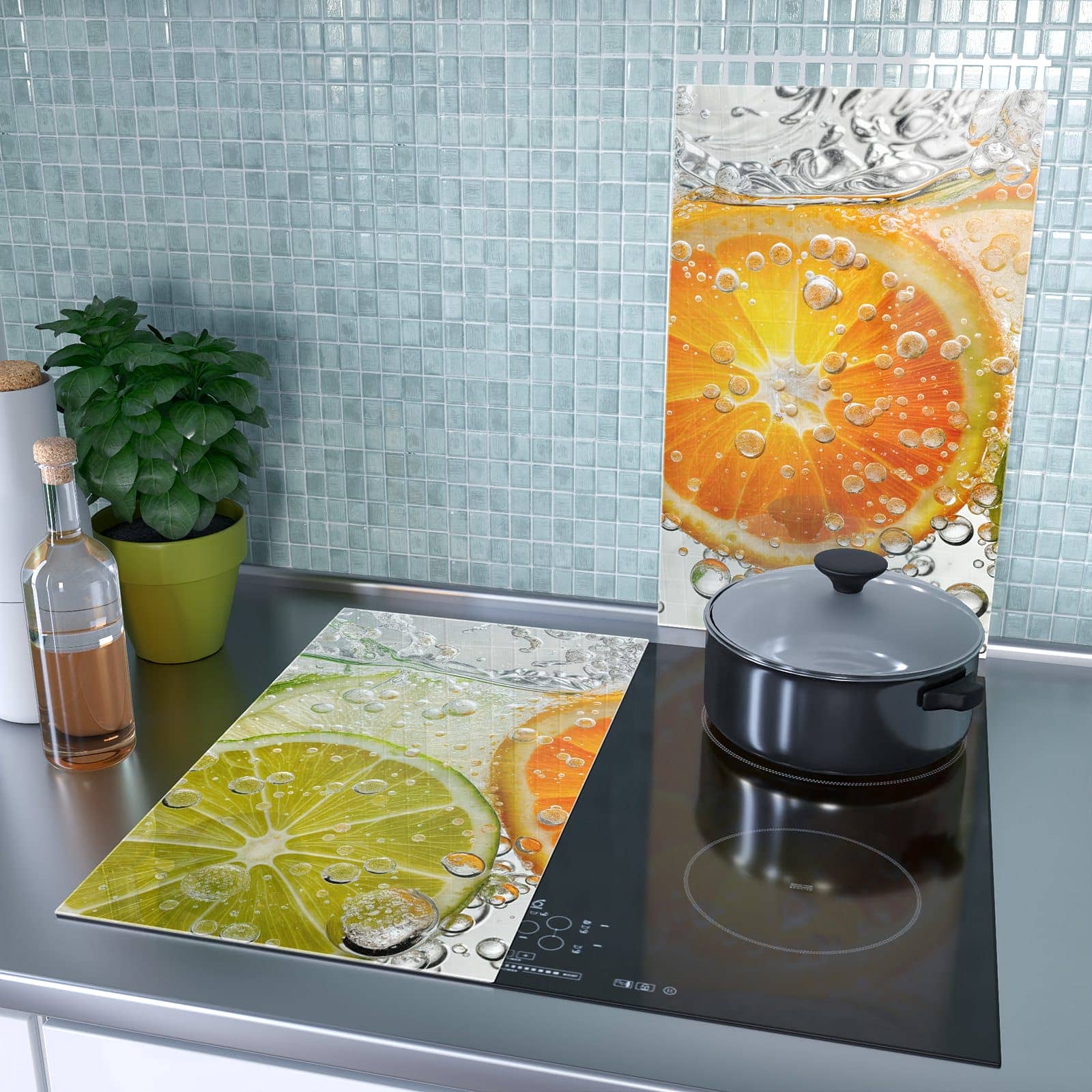 2-teilige Abdeckplatten für Herd mit Frucht Spritzer-Motiv als Spritzschutz hinter dem Kochfeld