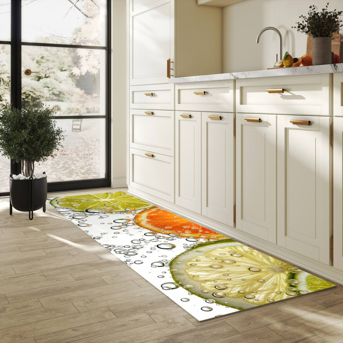 Hygienischer Bodenläufer Teppich mit Motiv Frucht Spritzer in heller Küche