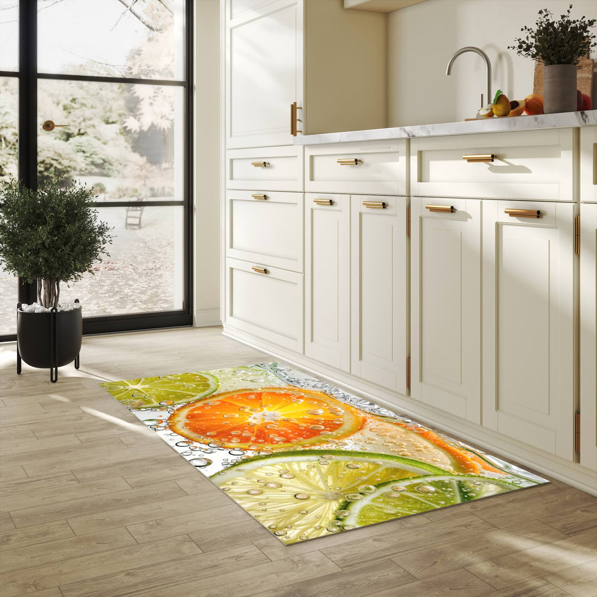 Waschbarer Küchenteppich mit Motiv Frucht Spritzer in heller Küche