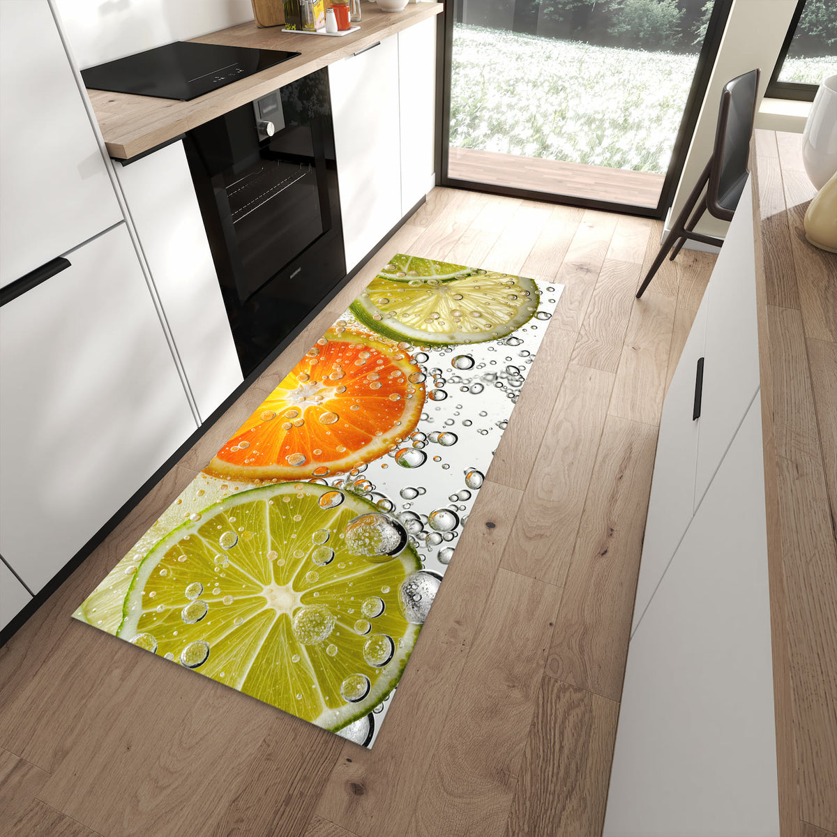 Langlebiger Küchenvorleger mit Motiv Frucht Spritzer in moderner Küche