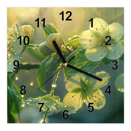 Wanduhr Quadratisch mit dem Motiv Blüten mit Morgentau