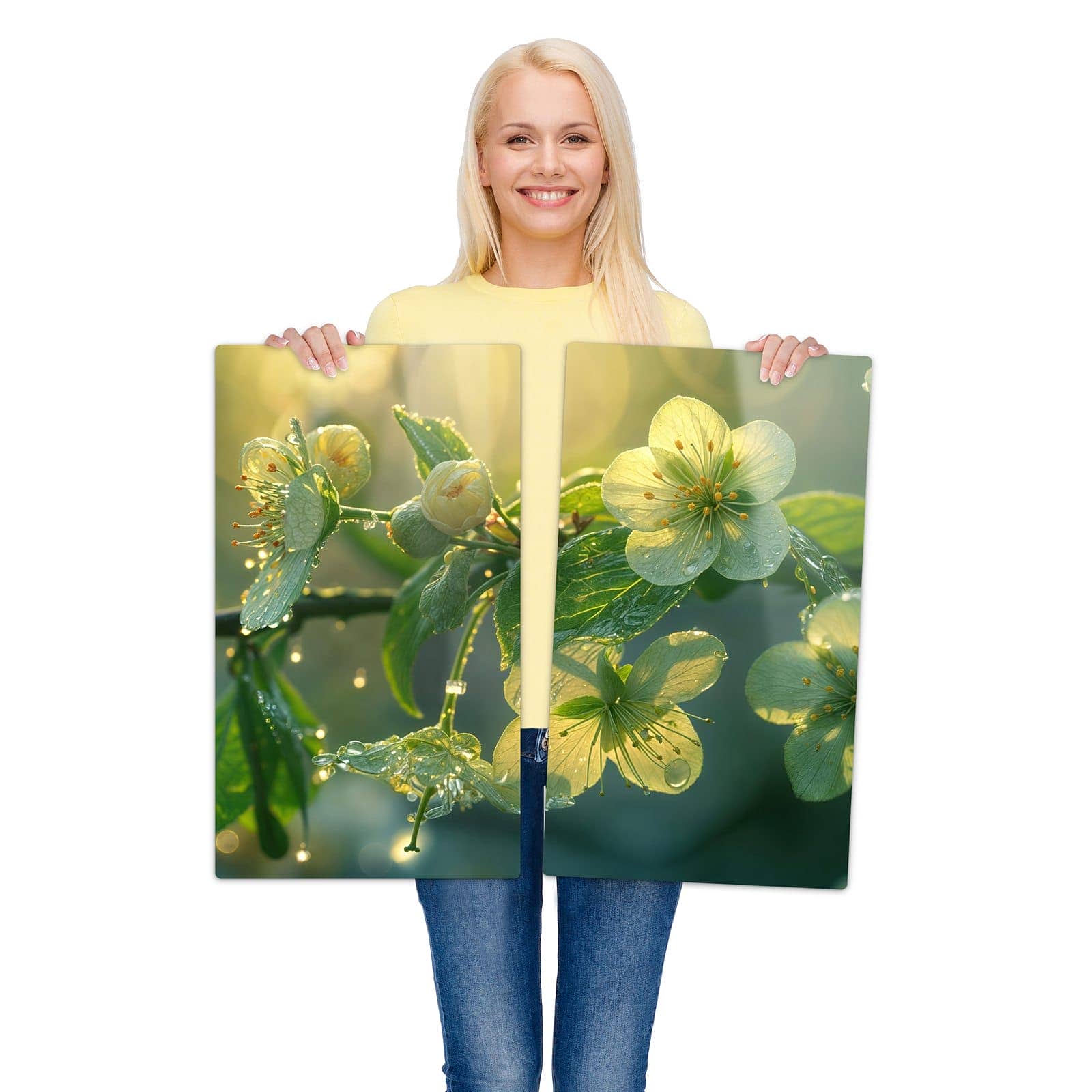 2-teilige Herd Schutzplatte mit Blühende Knospen-Motiv wird zur Größendarstellung gehalten