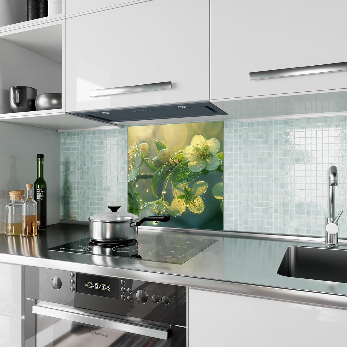 Küchenrückwand Blüten mit Morgentau aus Glas – Zarte Blüten mit Morgentau