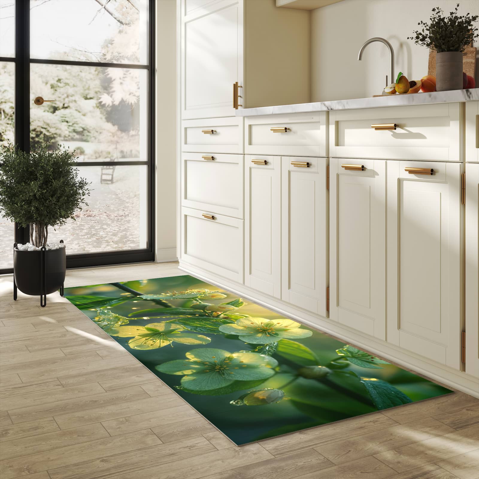 Fleckenresistenter langer Teppich mit Motiv Blühende Knospen in heller Küche