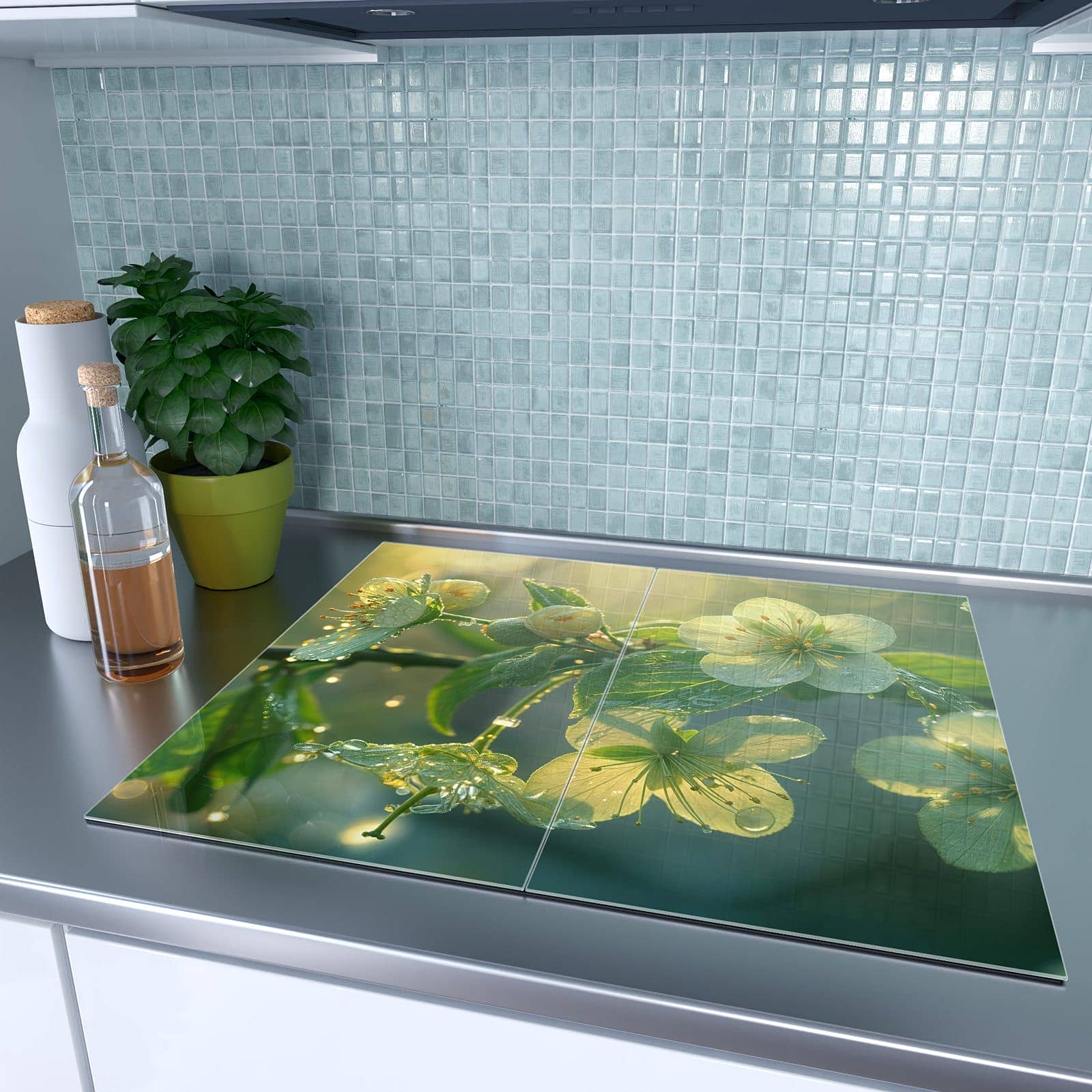 2-teilige Herdabdeckplatte für Ceranfeld mit Blühende Knospen-Motiv auf dem Ceranfeld