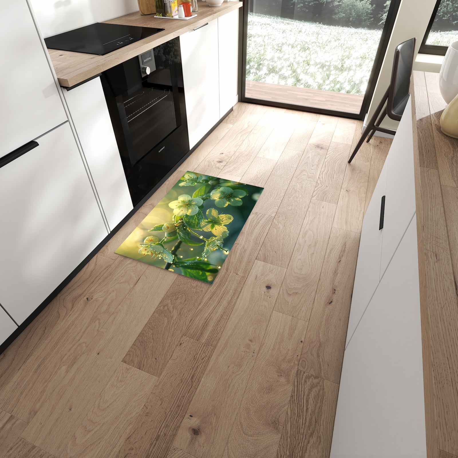 Wasserabweisender Küchenläufer mit Motiv Blühende Knospen in moderner Küche