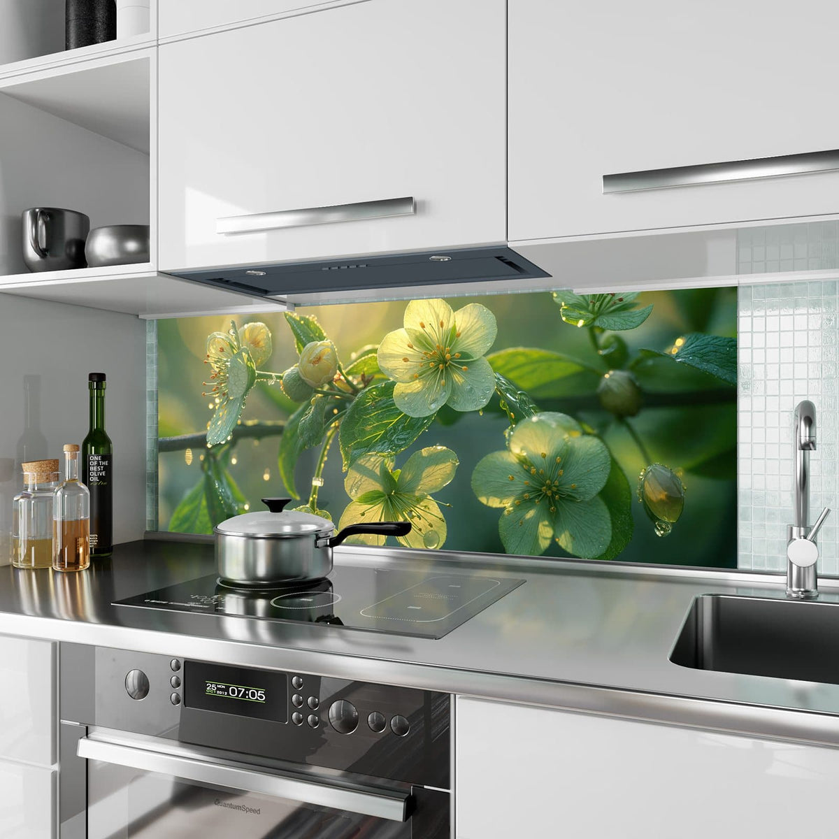Küchenrückwand aus Glas Blüten mit Morgentau im Hochformat als Spritzschutz hinter dem Kochfeld, über dem Fliesenspiegel montiert