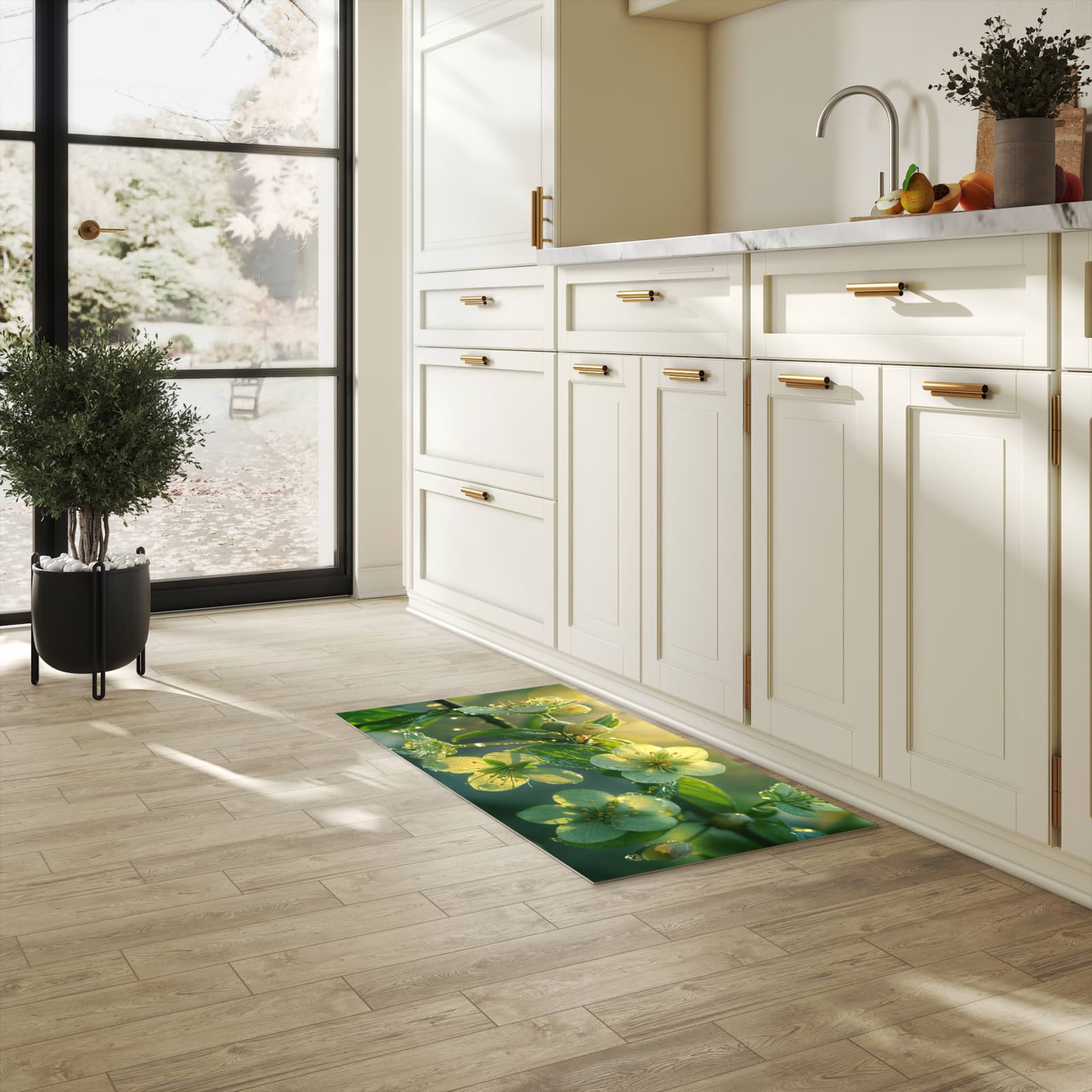 Bodenschonender Küchenteppich mit Motiv Blühende Knospen in heller Küche