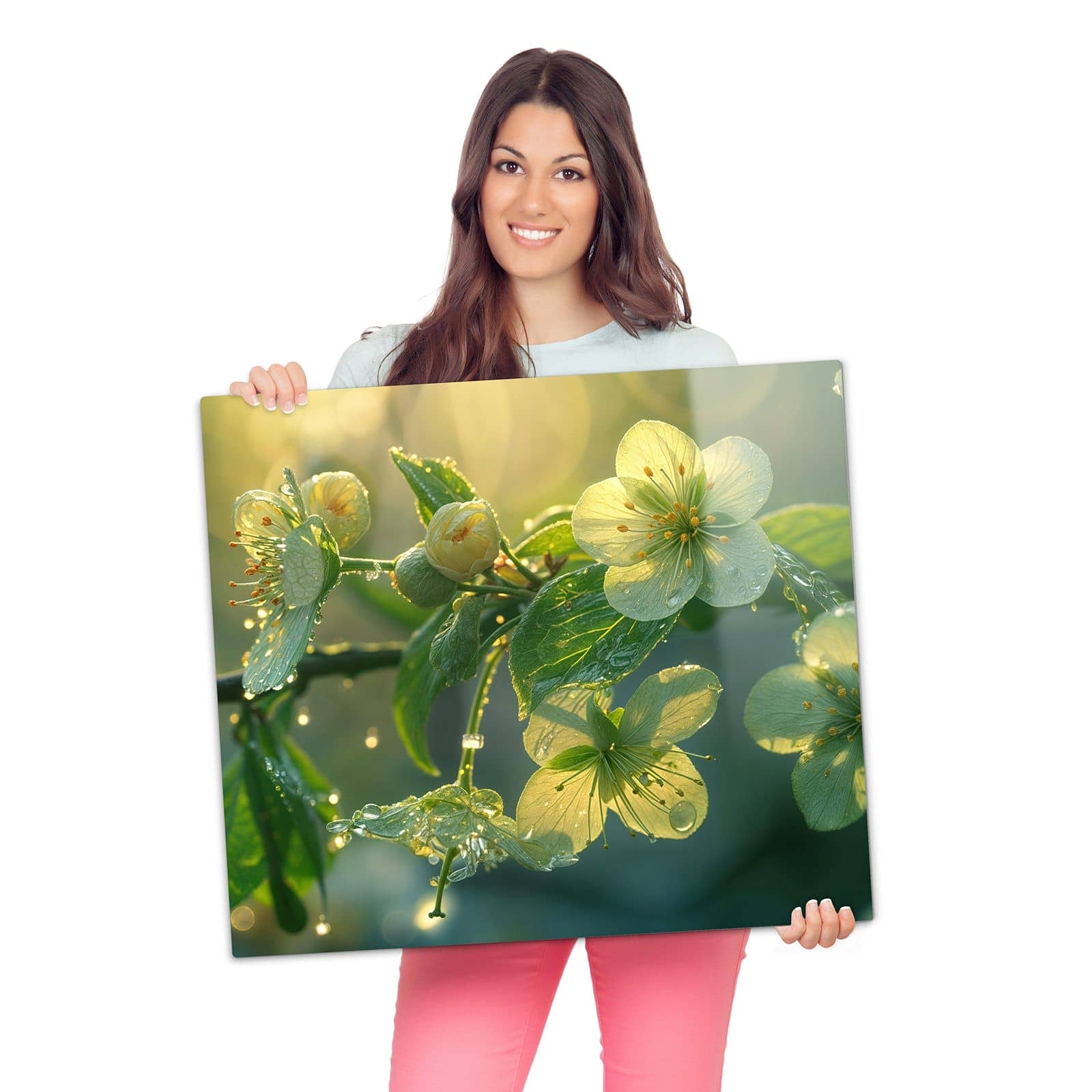 Herdabdeckplatte aus Glas mit Blühende Knospen-Motiv wird zur Größendarstellung gehalten