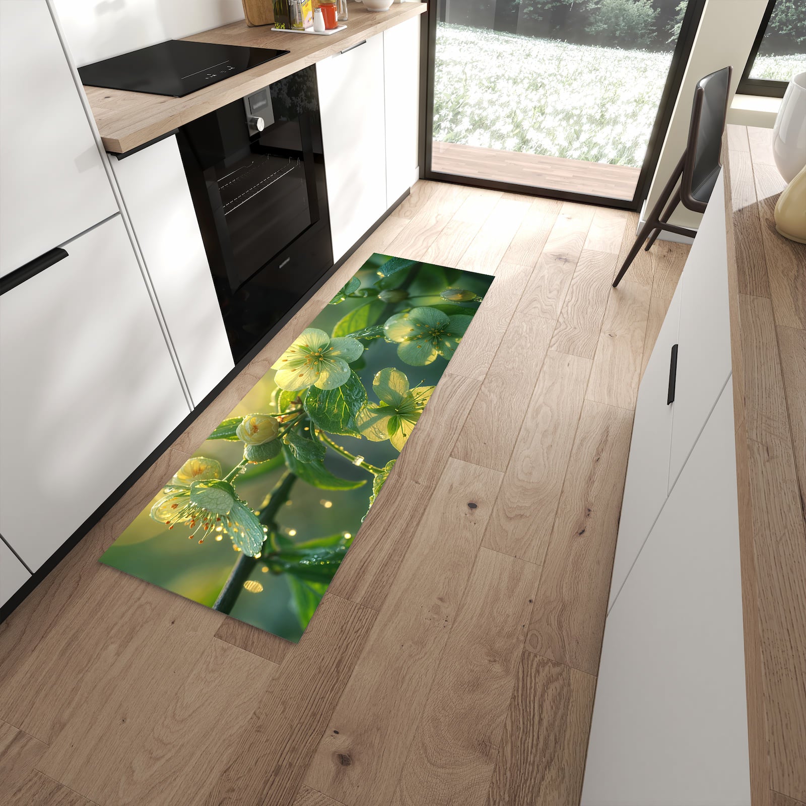 Geräuschdämpfender Küchenläufer mit Motiv Blühende Knospen in moderner Küche