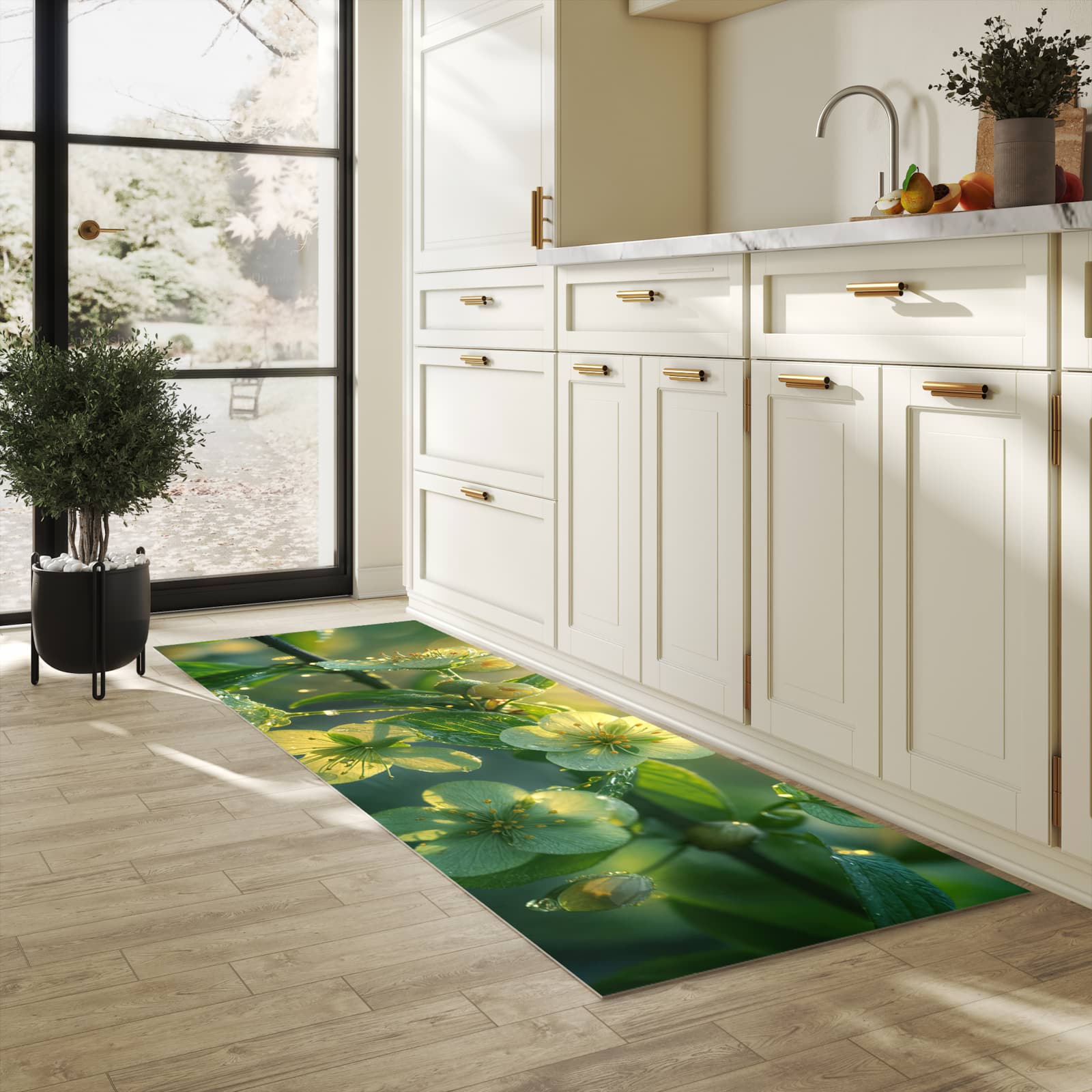 Abriebfester Küchenläufer mit Motiv Blühende Knospen in heller Küche