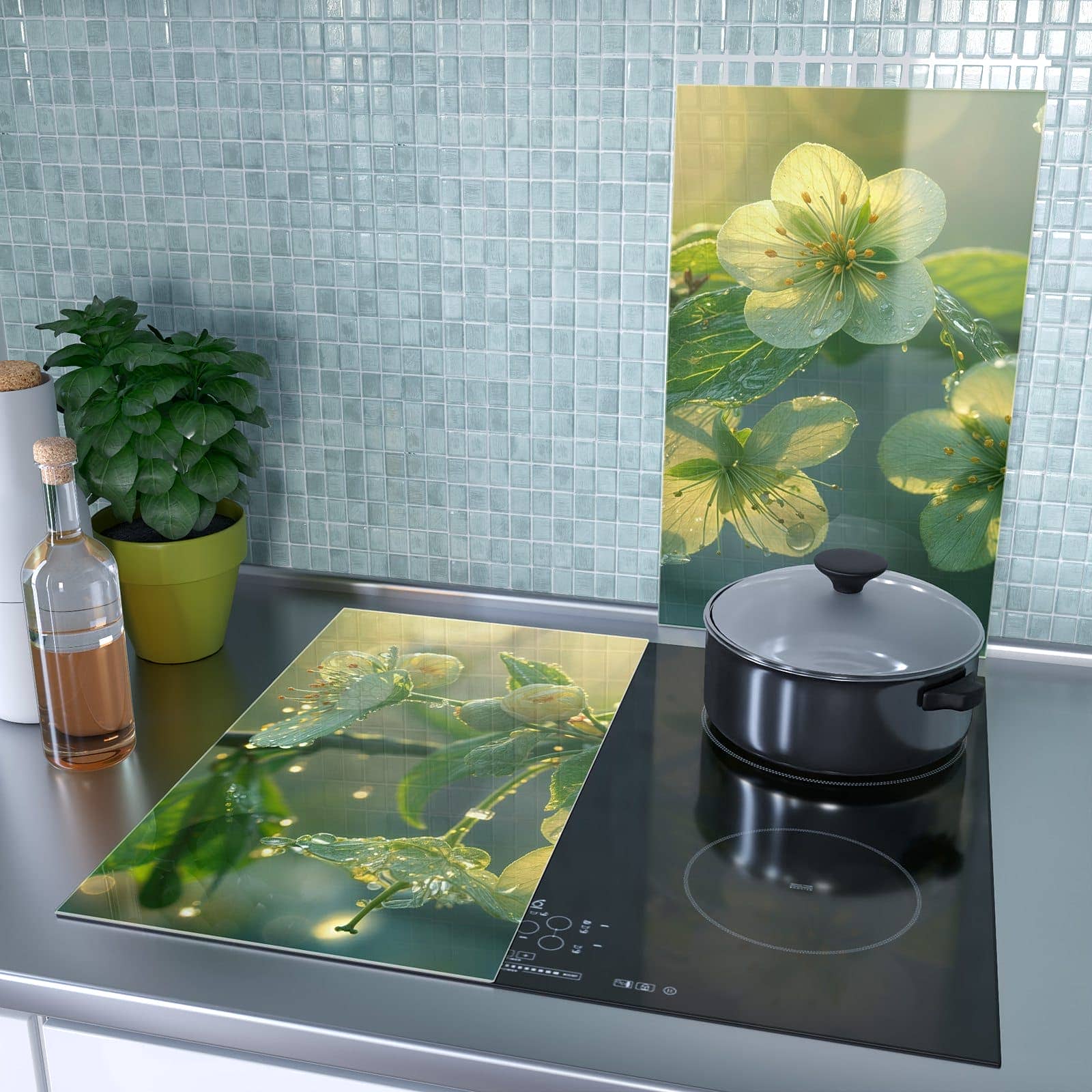 2-teilige Herdabdeckplatte mit Blühende Knospen-Motiv als Spritzschutz hinter dem Kochfeld