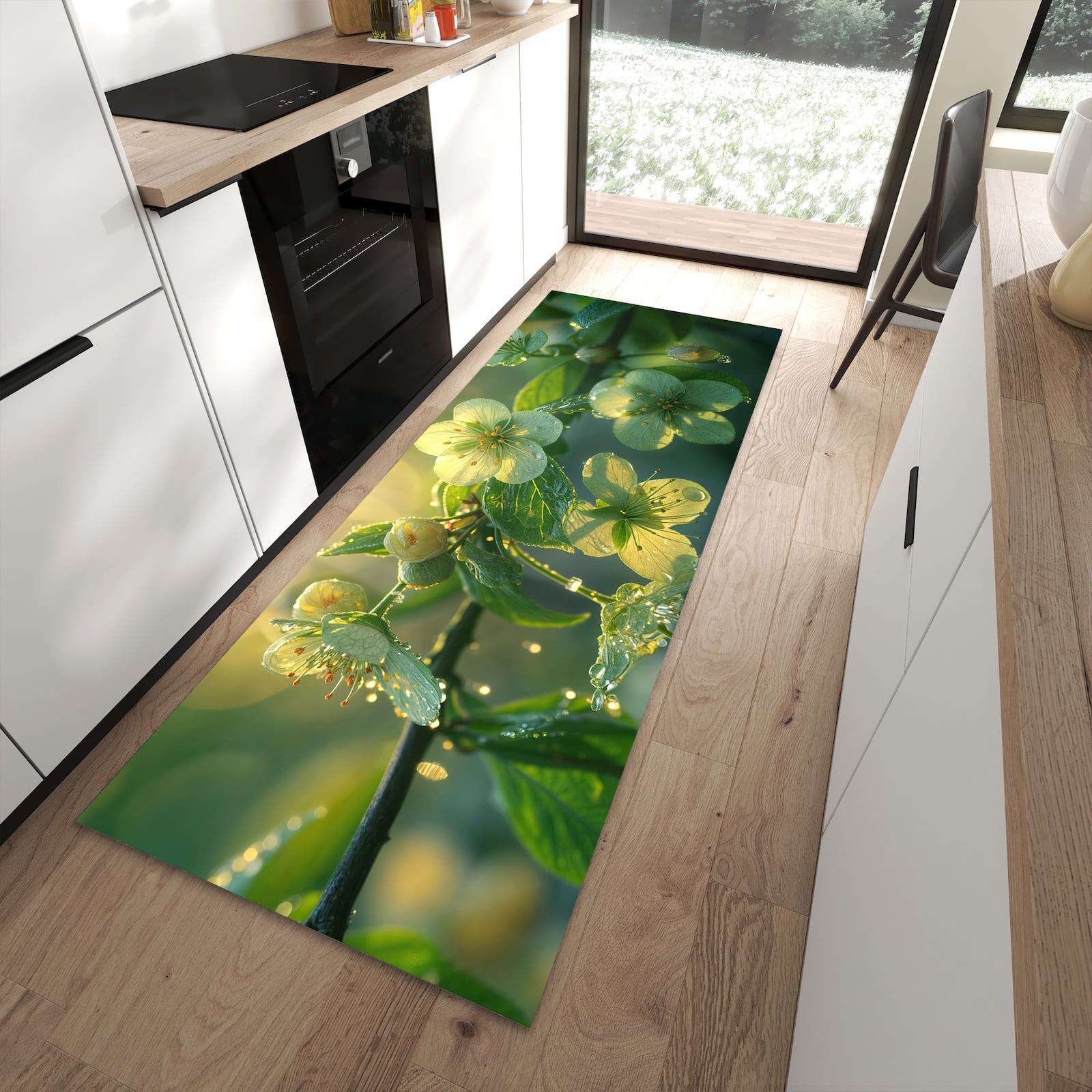 Pflegeleichter Teppich für die Küche mit Motiv Blühende Knospen in moderner Küche