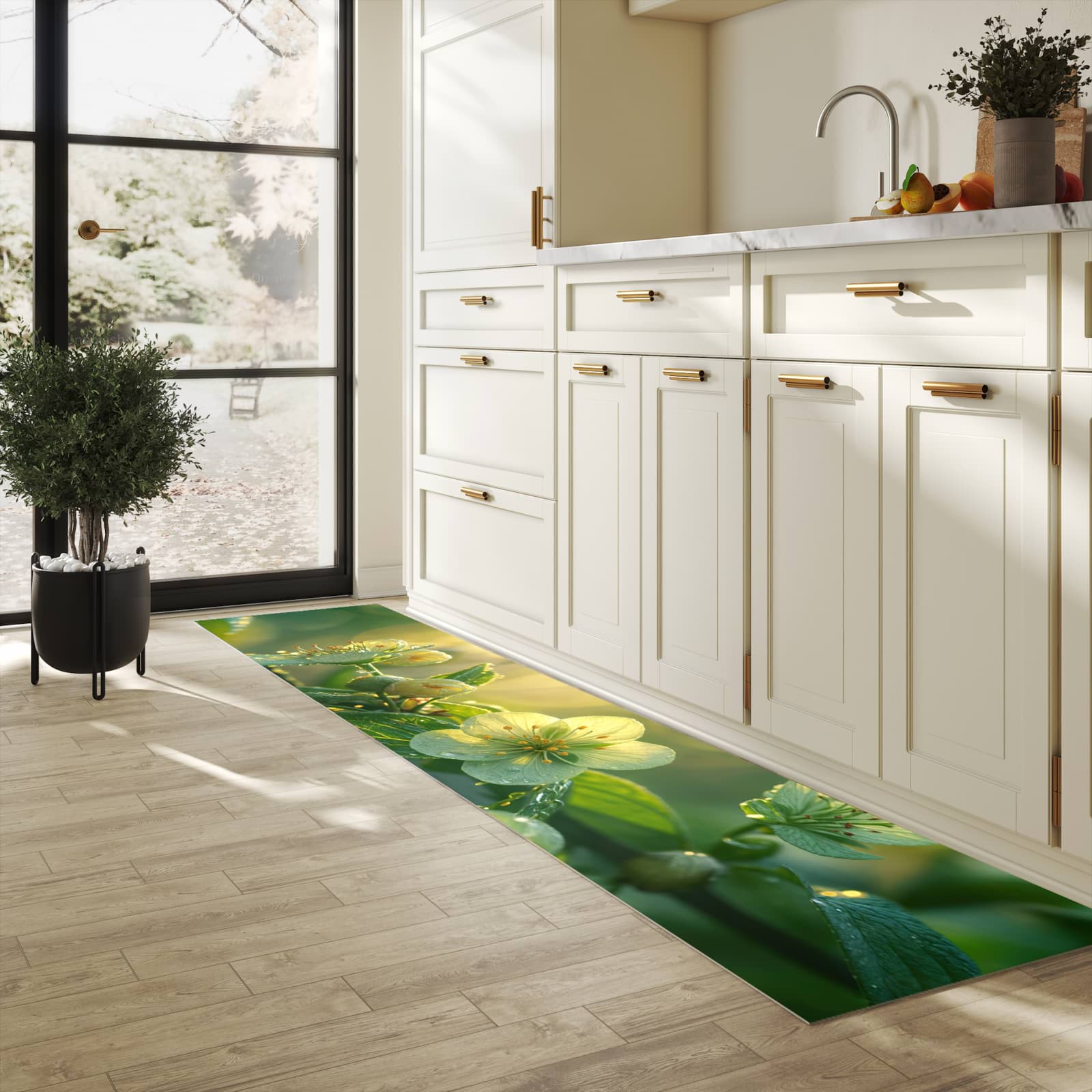 Küchenvorleger mit Motiv Blühende Knospen in heller Küche für sichere Aufbewahrung