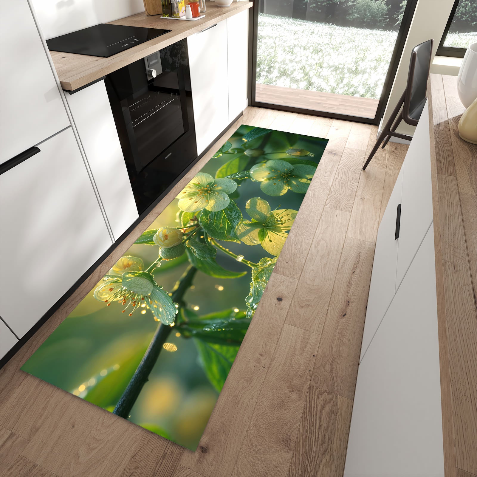 Schmutzabweisender Küchenläufer mit Motiv Blühende Knospen in moderner Küche