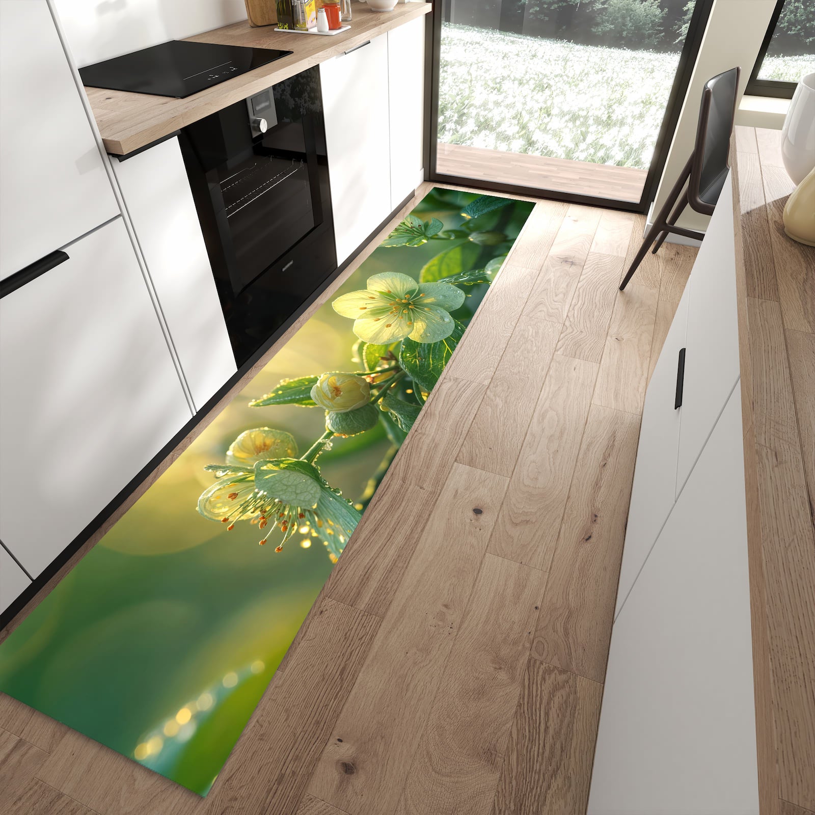 Komfortabler Küchenläufer mit Motiv Blühende Knospen in moderner Küche