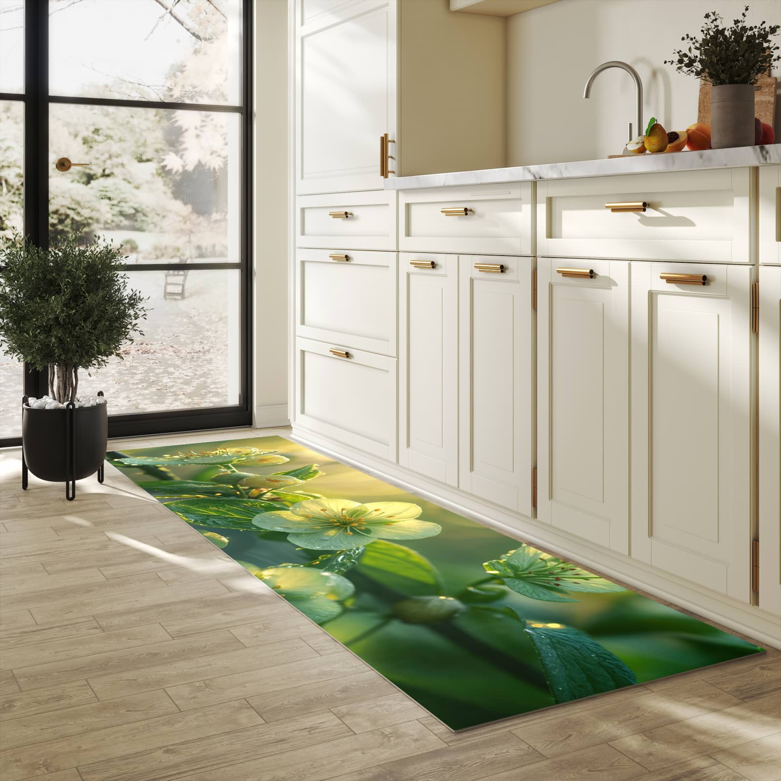 UV-beständiger Teppichläufer mit Motiv Blühende Knospen in heller Küche