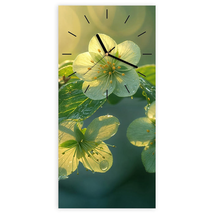 Wanduhr Blühende Knospen aus Glas – Hochformat 30 × 60 cm mit Ziffernblatt Linie
