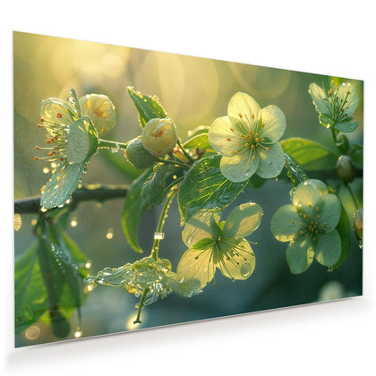 Wandbild mit dem Motiv Blüten mit Morgentau