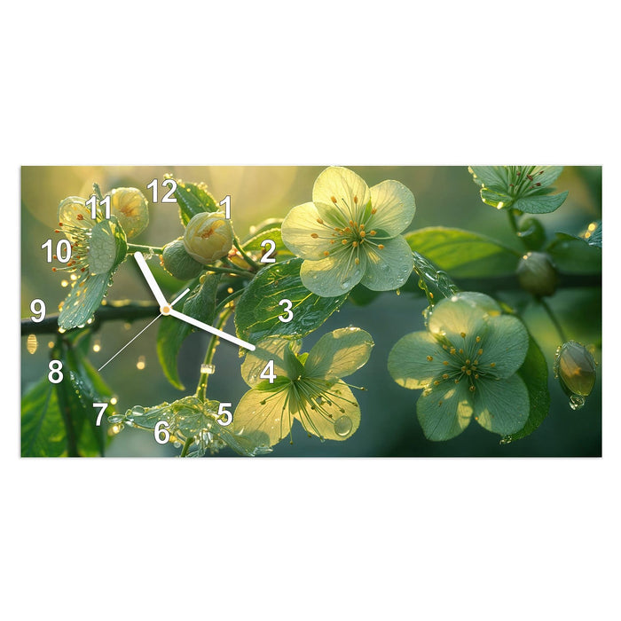 Wanduhr Blühende Knospen aus Glas – Querformat 60 × 30 cm mit Ziffernblatt Modern