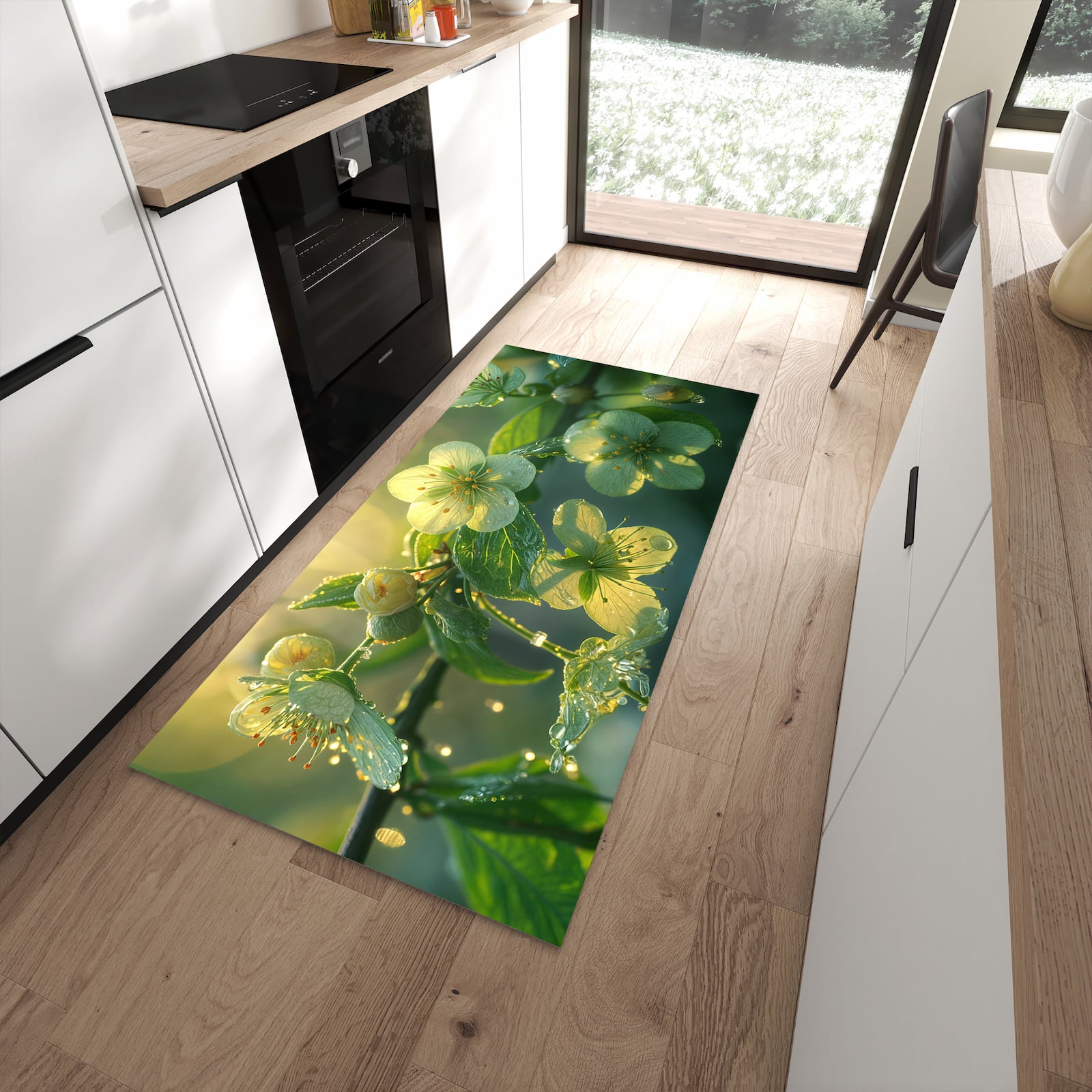 Flacher Küchenteppich mit Motiv Blühende Knospen in moderner Küche