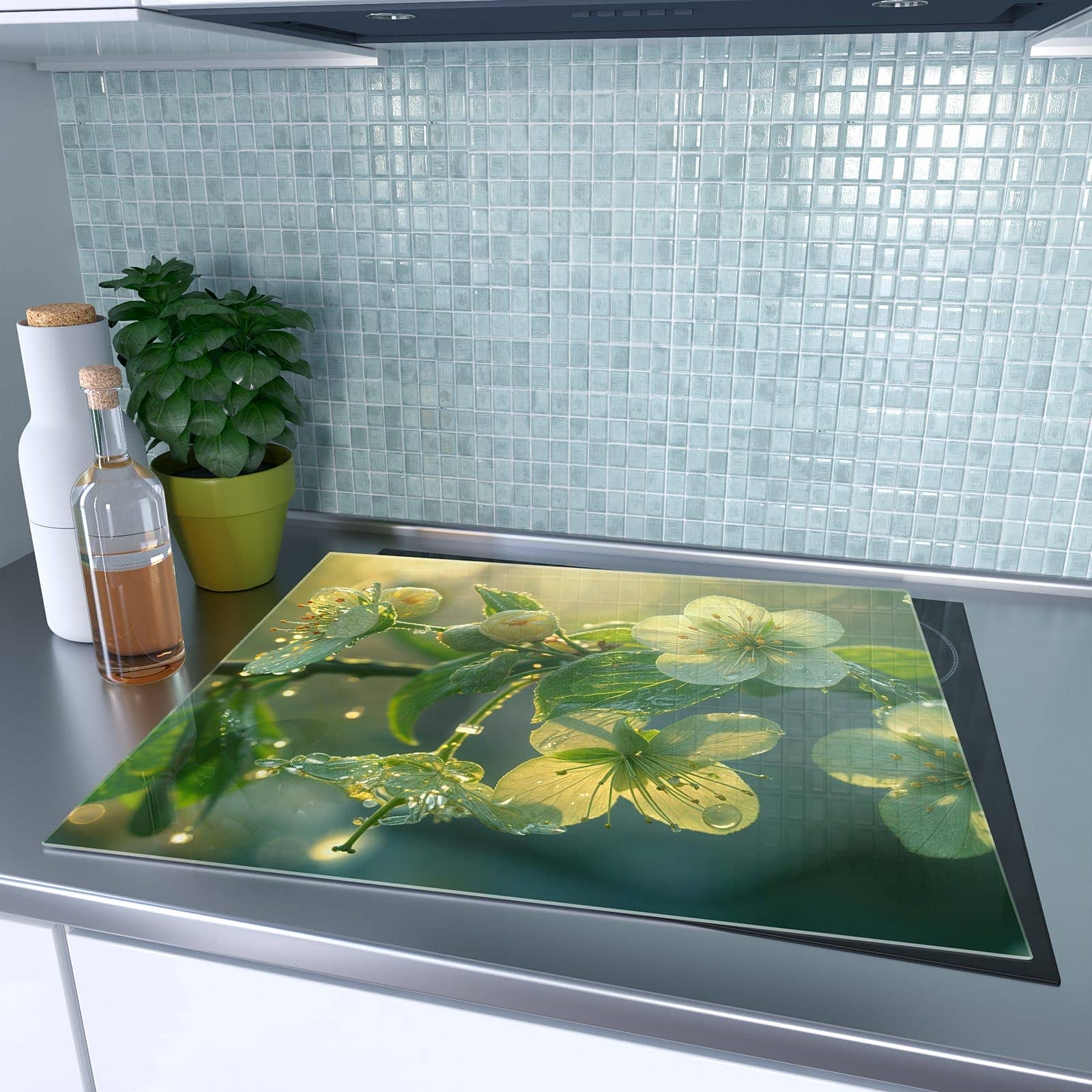 1-teilige Herdabdeckplatte mit Blühende Knospen-Motiv auf dem Ceranfeld