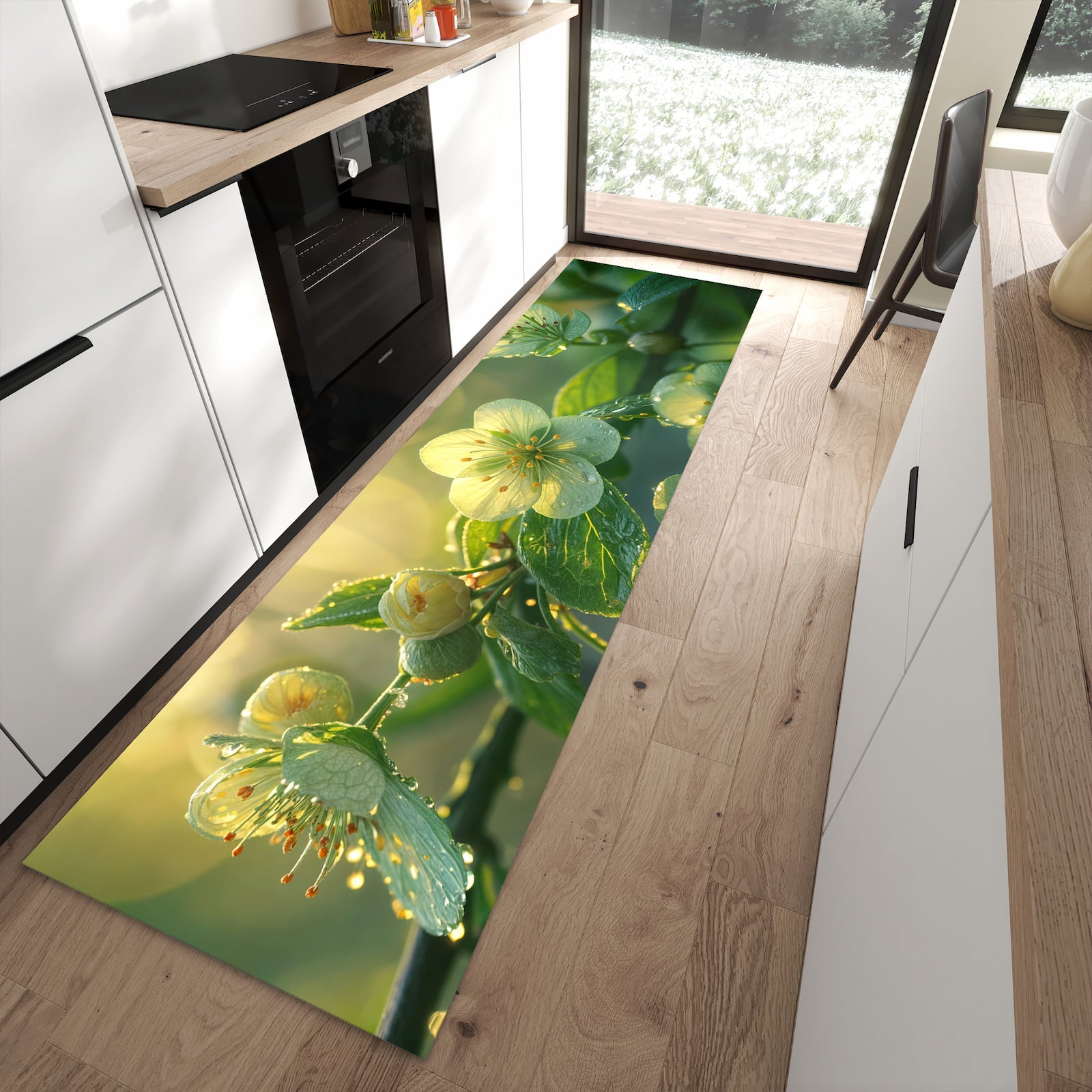 Geruchsneutraler Küchenteppich mit Motiv Blühende Knospen in moderner Küche
