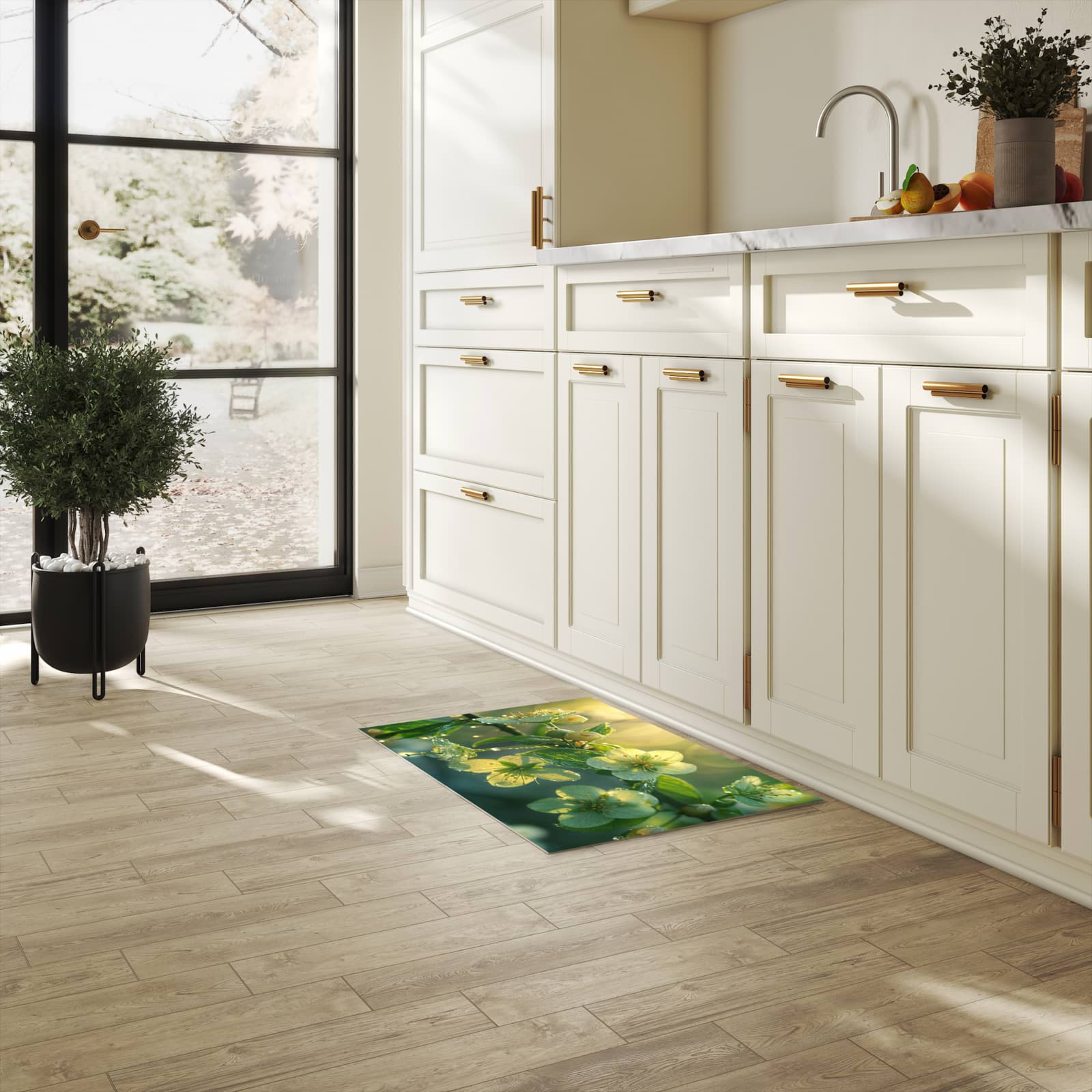 Zeitsparender waschbarer Küchenteppich mit Motiv Blühende Knospen in heller Küche