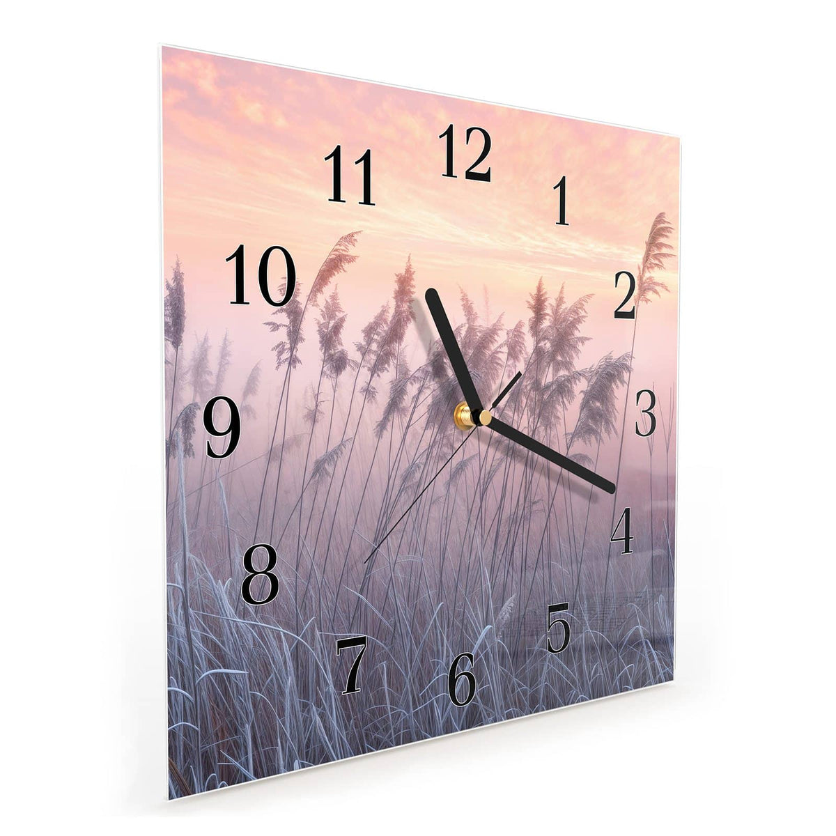 Quadratische Wanduhr aus Glas Schilf im Morgenrot schräg von der Seite, 4 mm starkes Glas